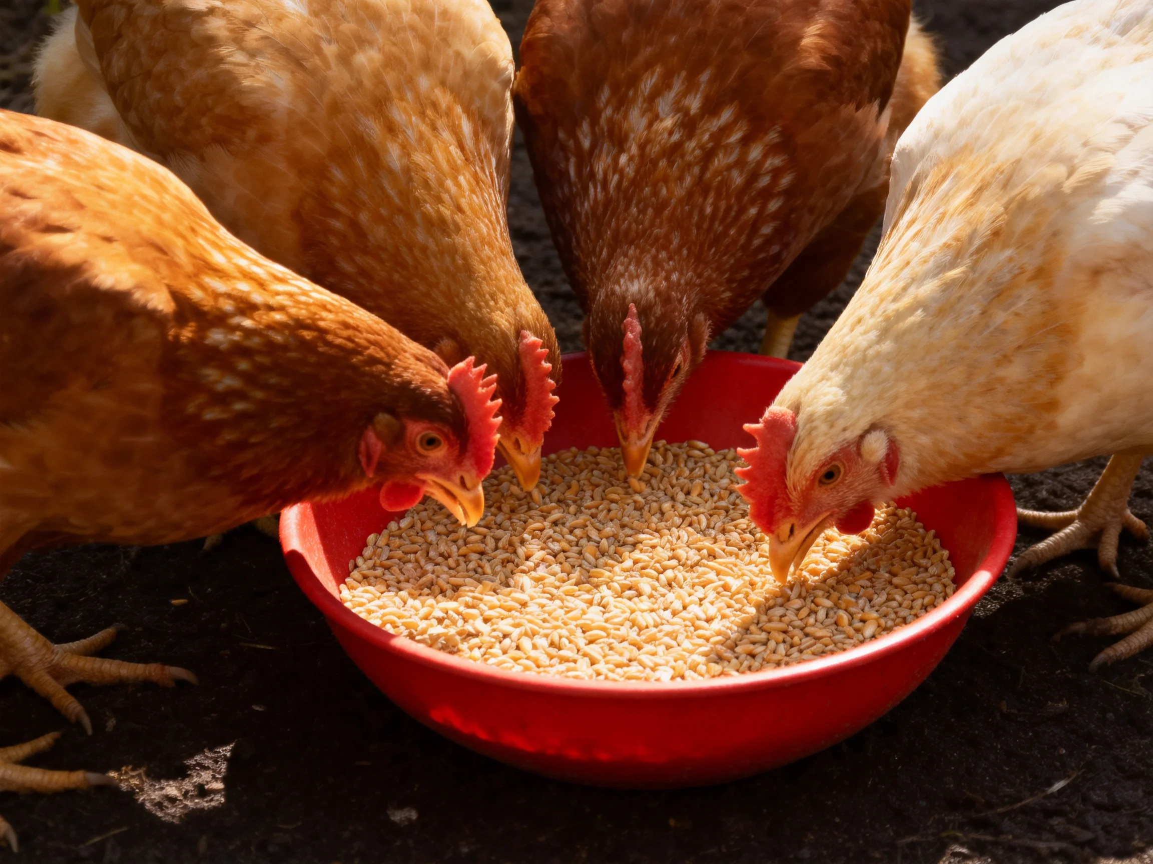 Four chickens in varied browns and white feed from a bright red bowl of grains