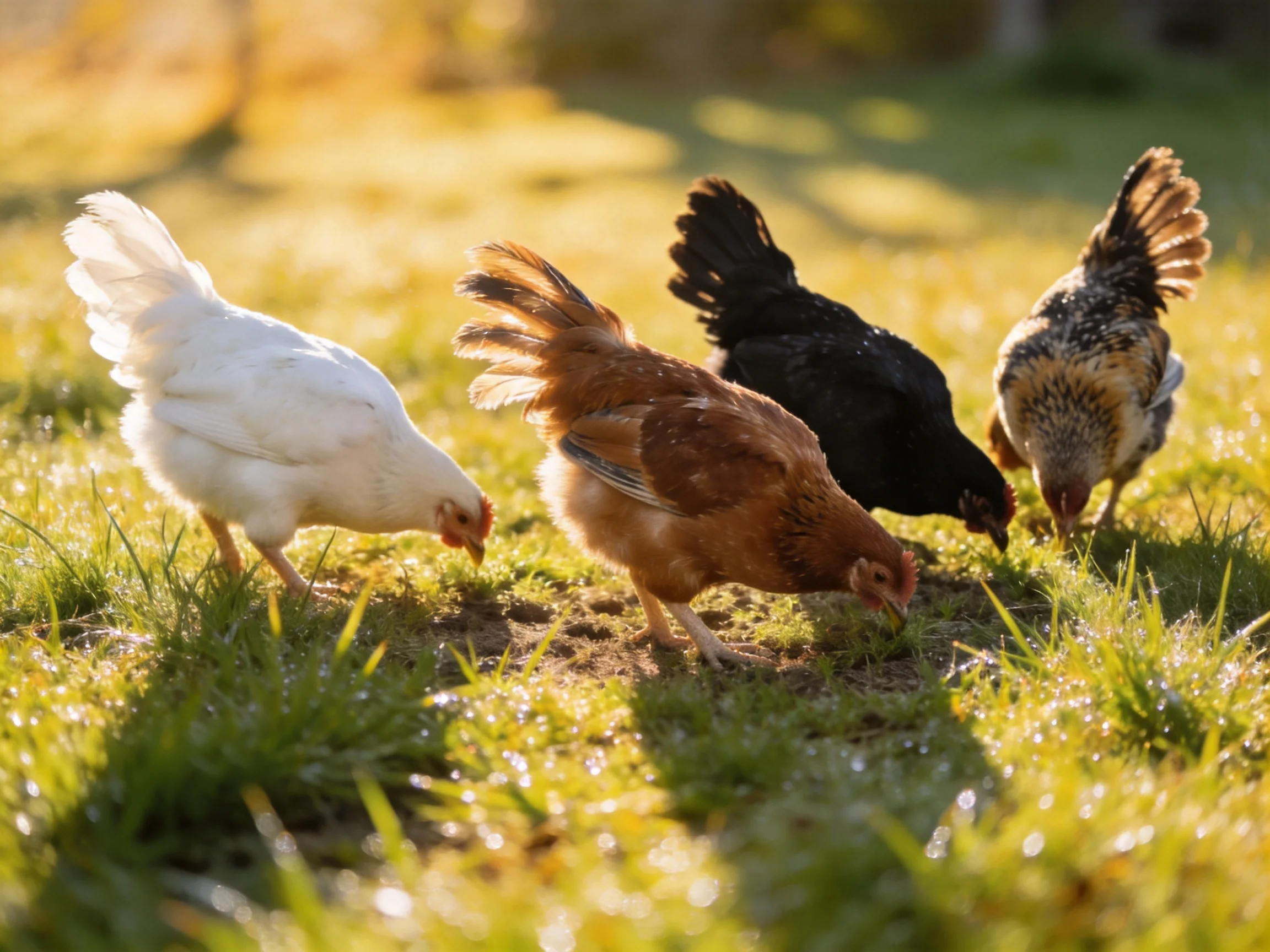 Four chickens of different colors foraging in a sunlit grassy field