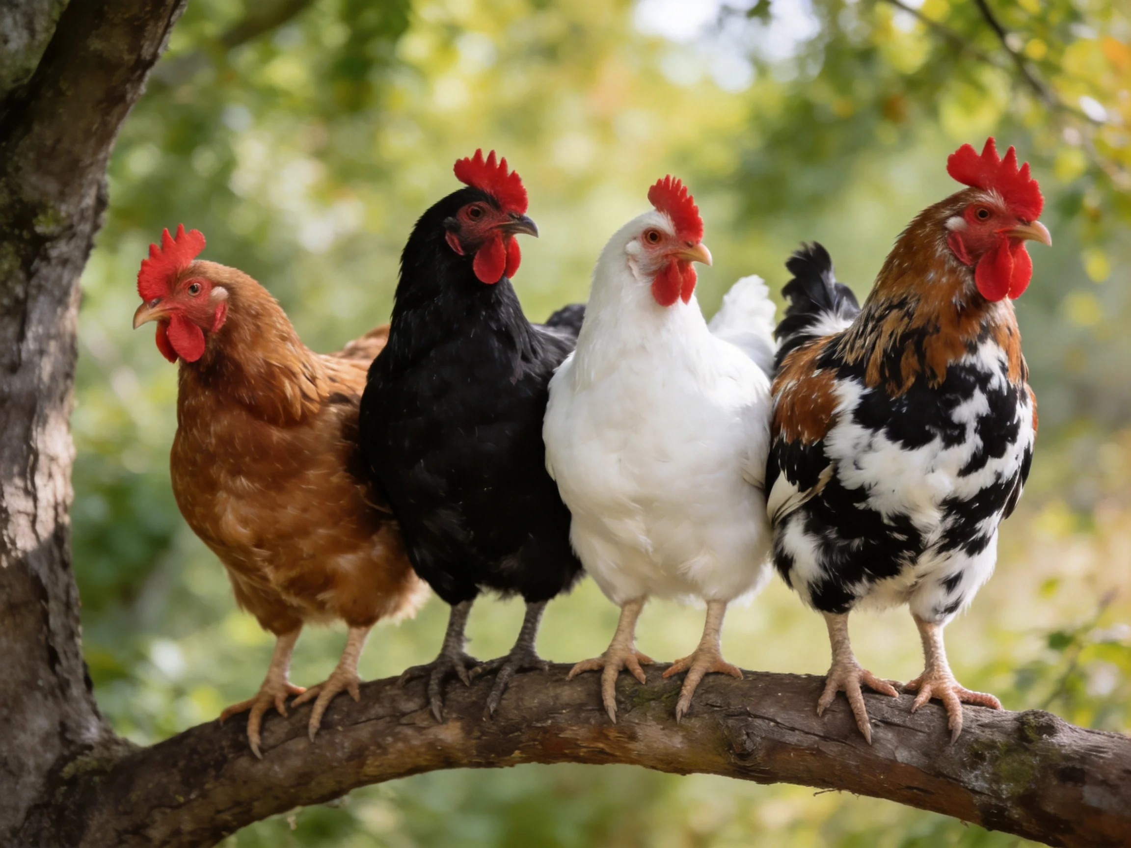 Four chickens of diverse colors perch on a tree branch