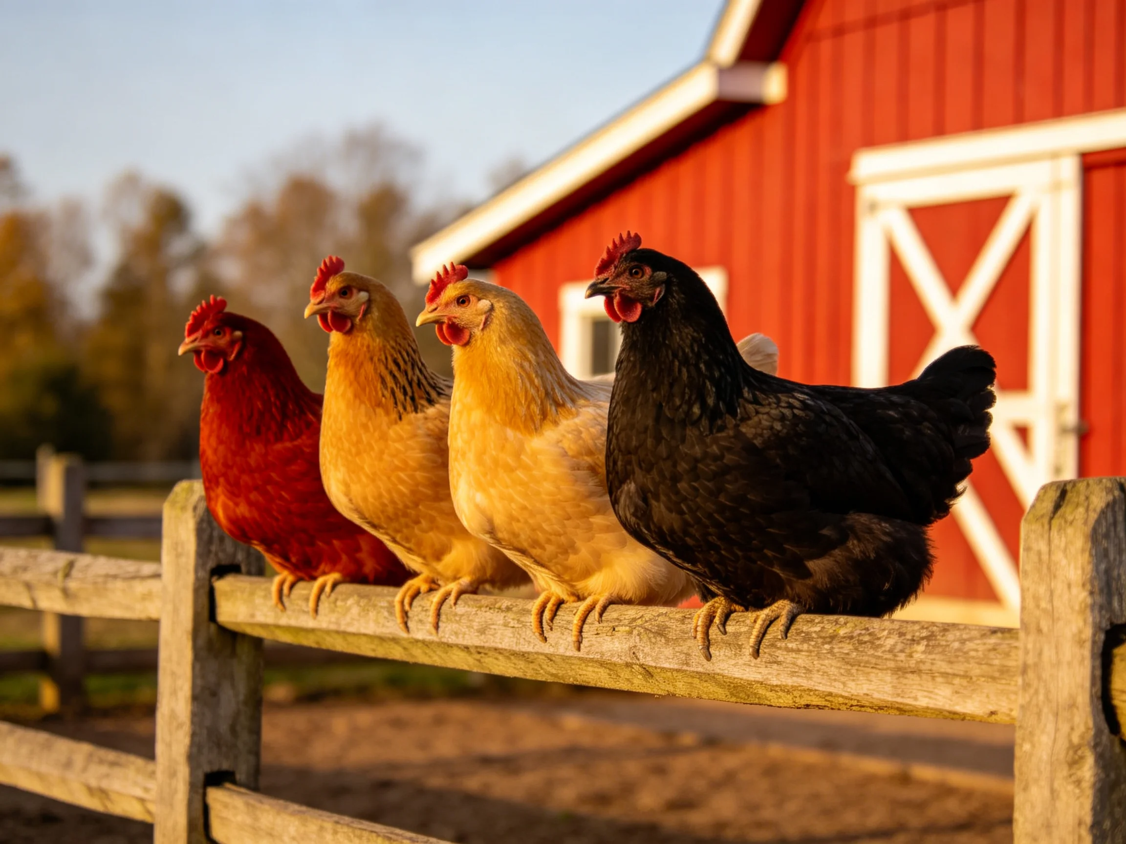 Four chickens of diverse colors resting on a wooden fence near a red barn