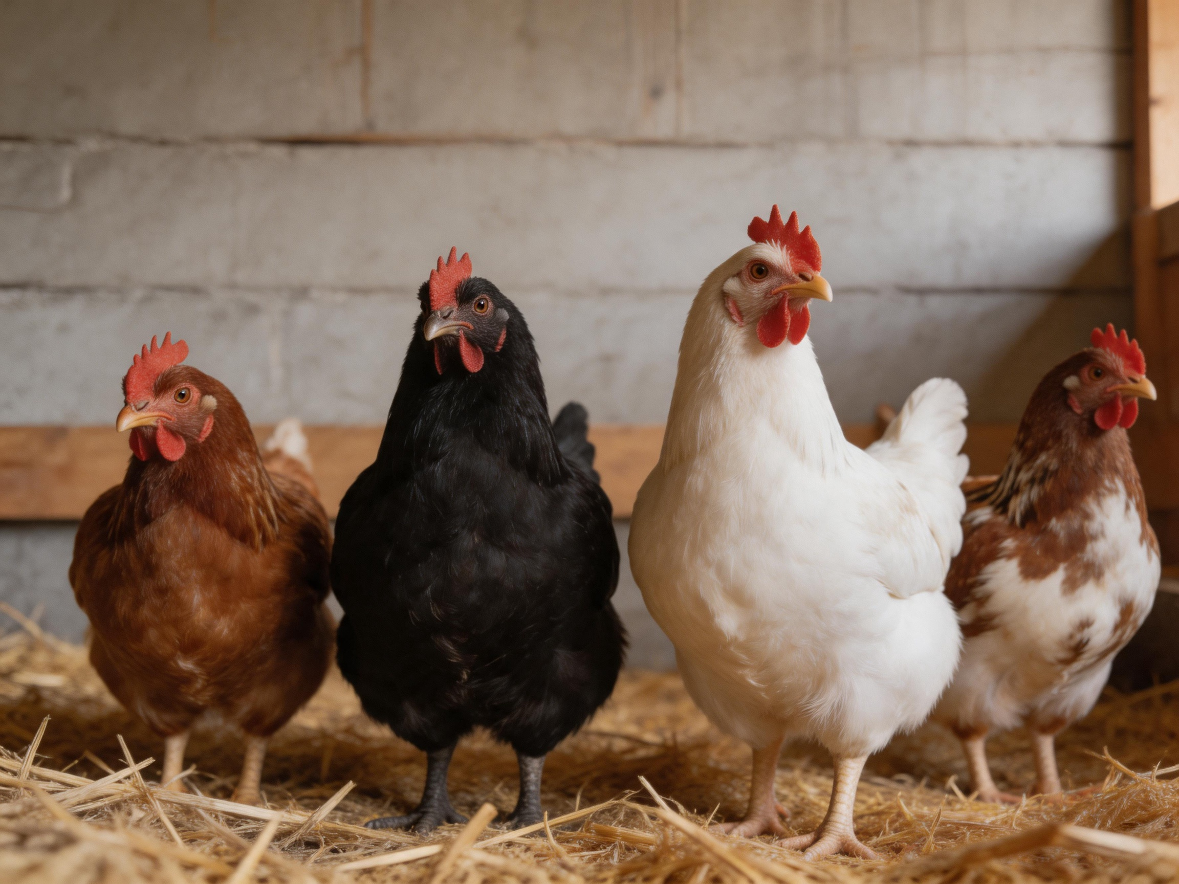 Four chickens of diverse colors standing on straw within a barn