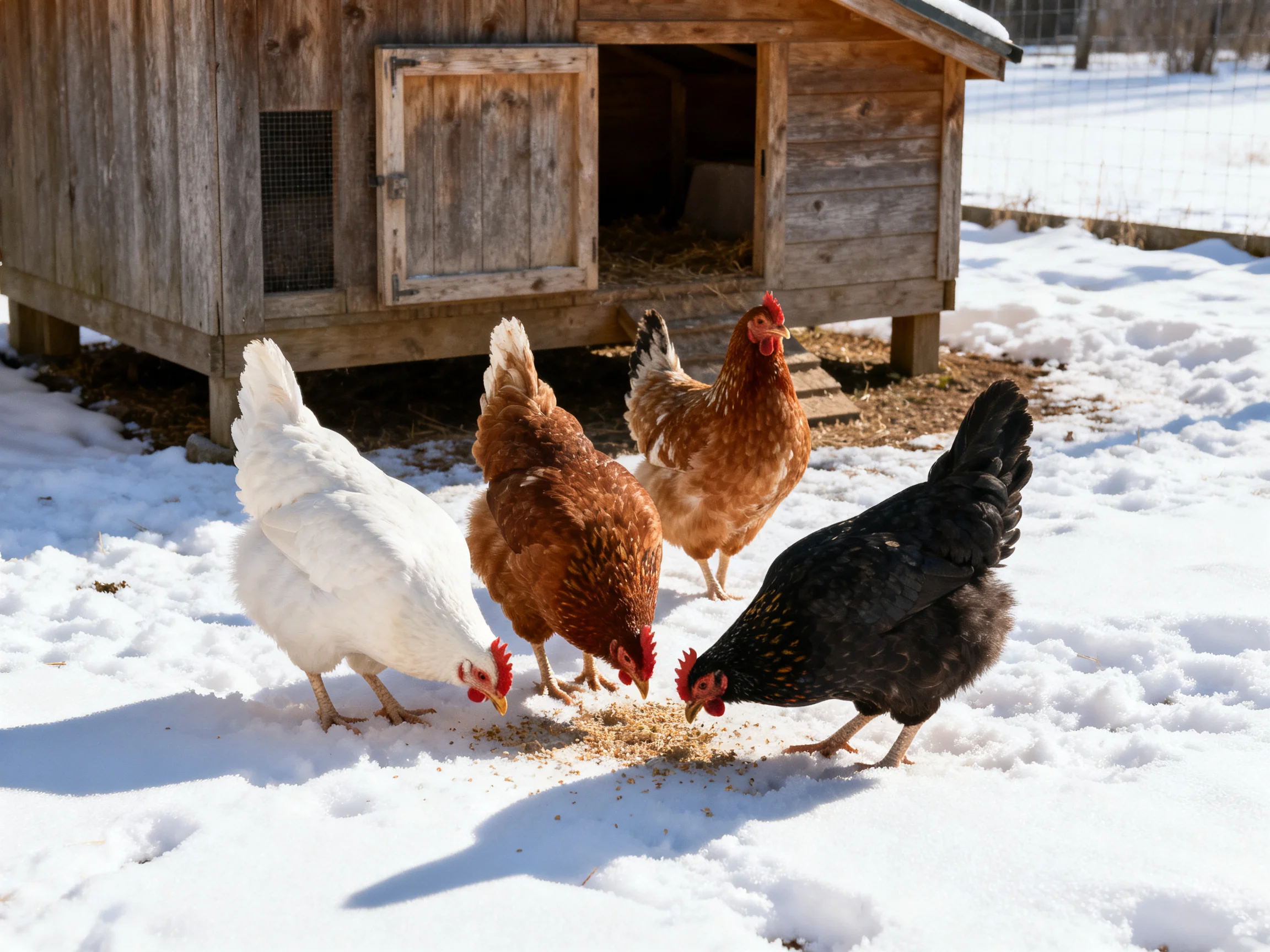 Four chickens of varied colors feeding near a wooden coop on snow
