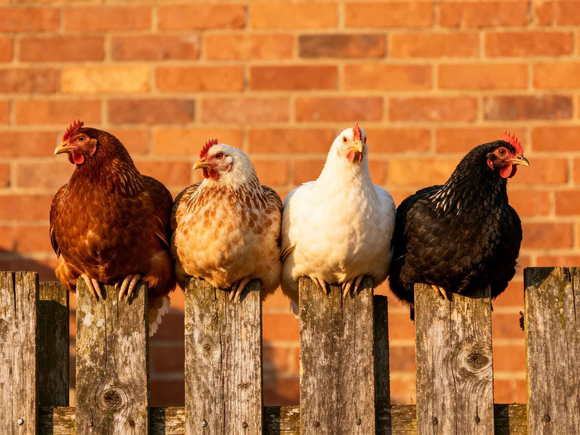 Four chickens of varied colors sit on a wooden fence near a brick wall