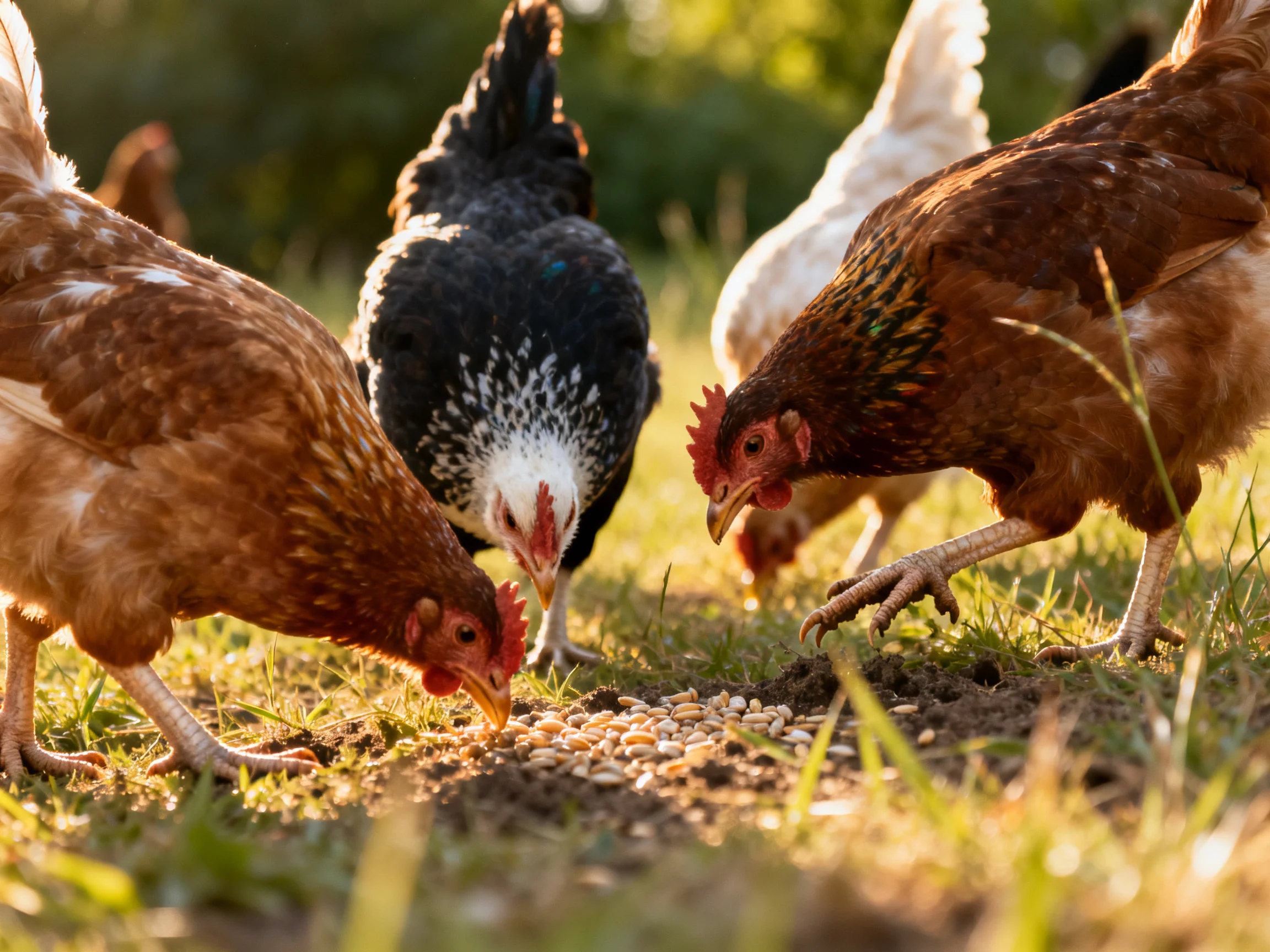 Four chickens of varying colors pecking seeds on a sunlit grassy field