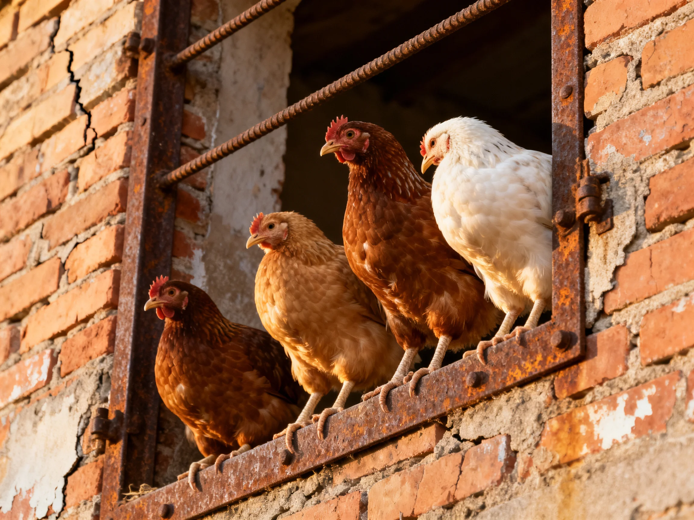 Four chickens of varying colors peer from a weathered brick window
