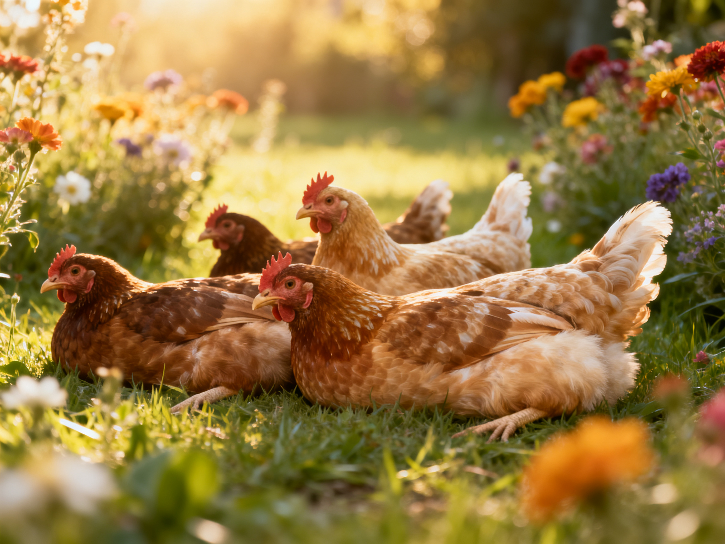 Four chickens rest among colorful wildflowers in a sunlit meadow