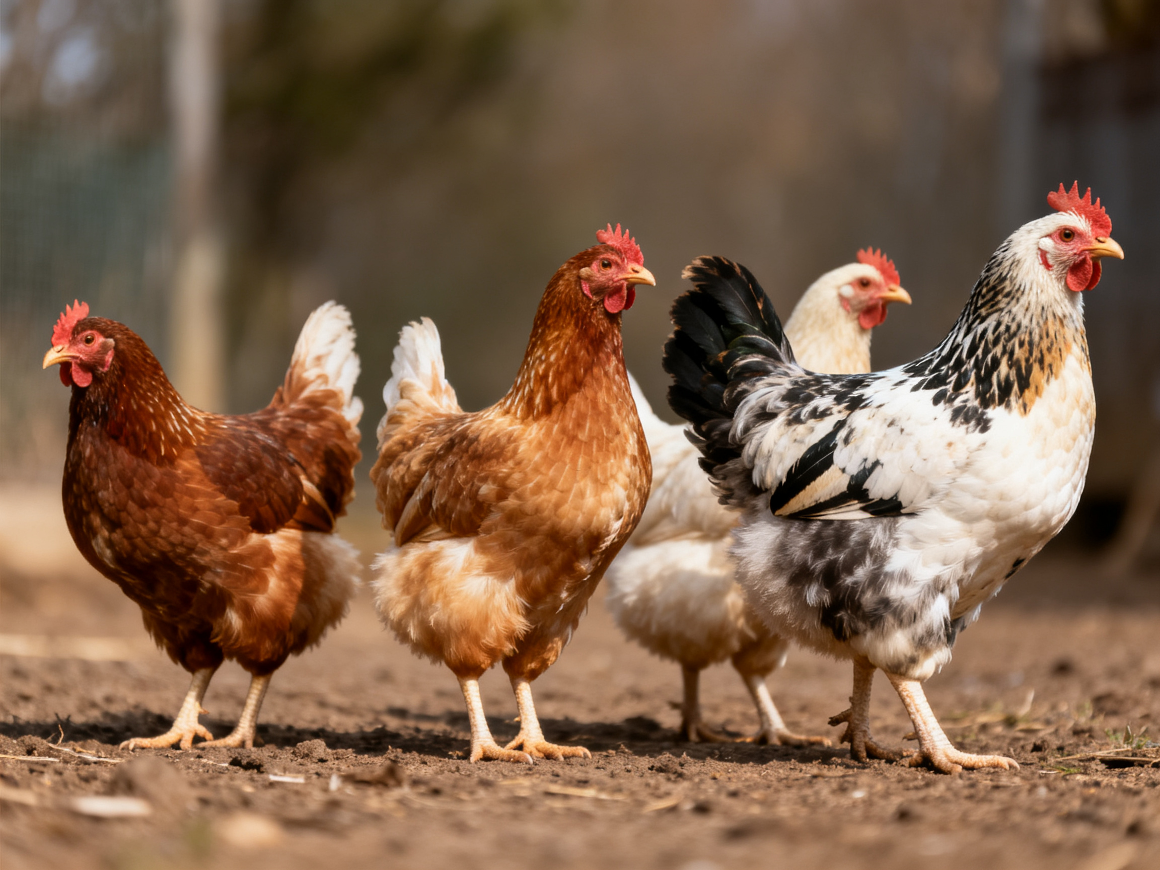 Four chickens with brown, white, and black plumage stand on earthy ground outside.