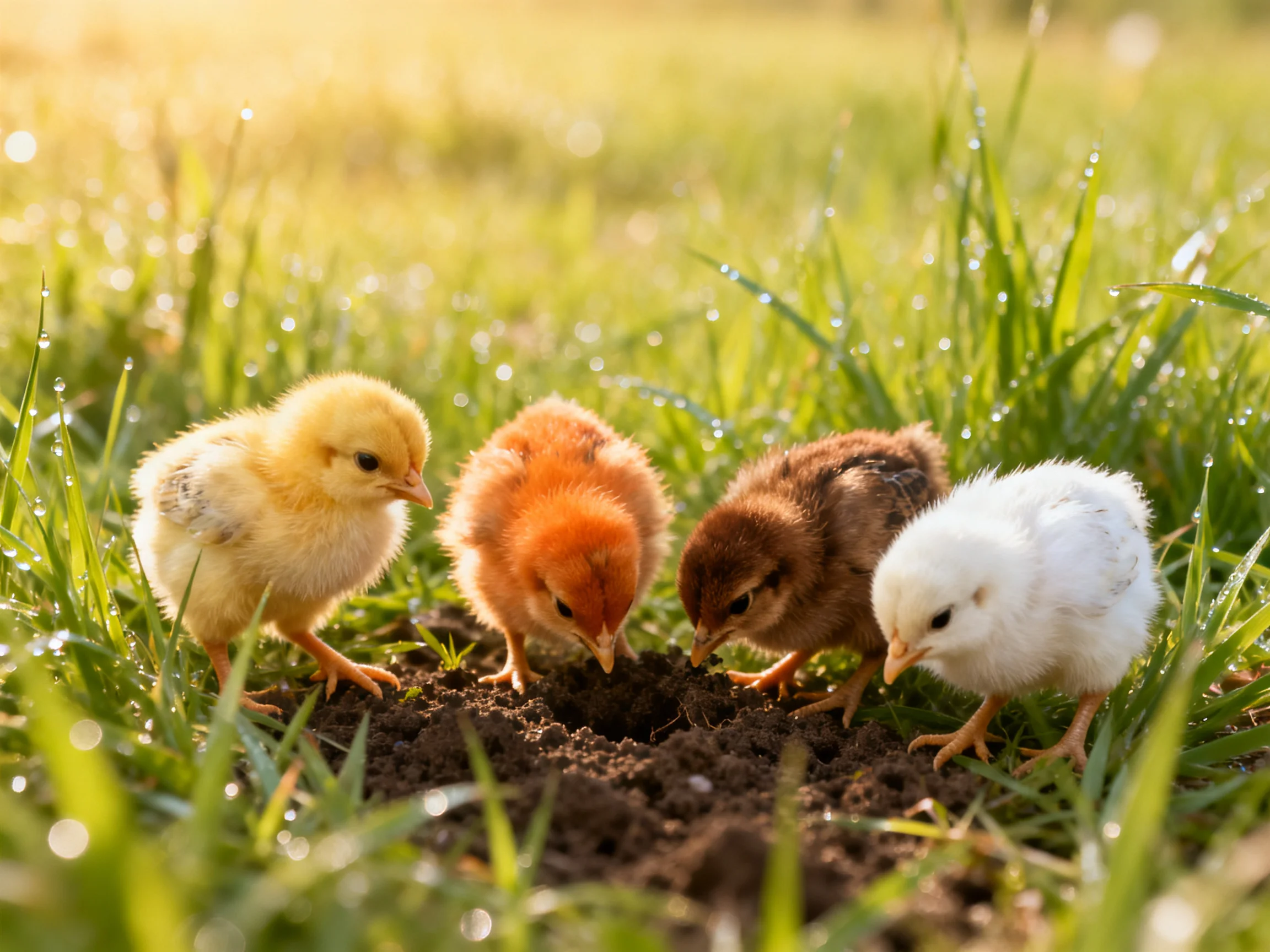 Four colorful chicks pecking at soil in dewy green grass