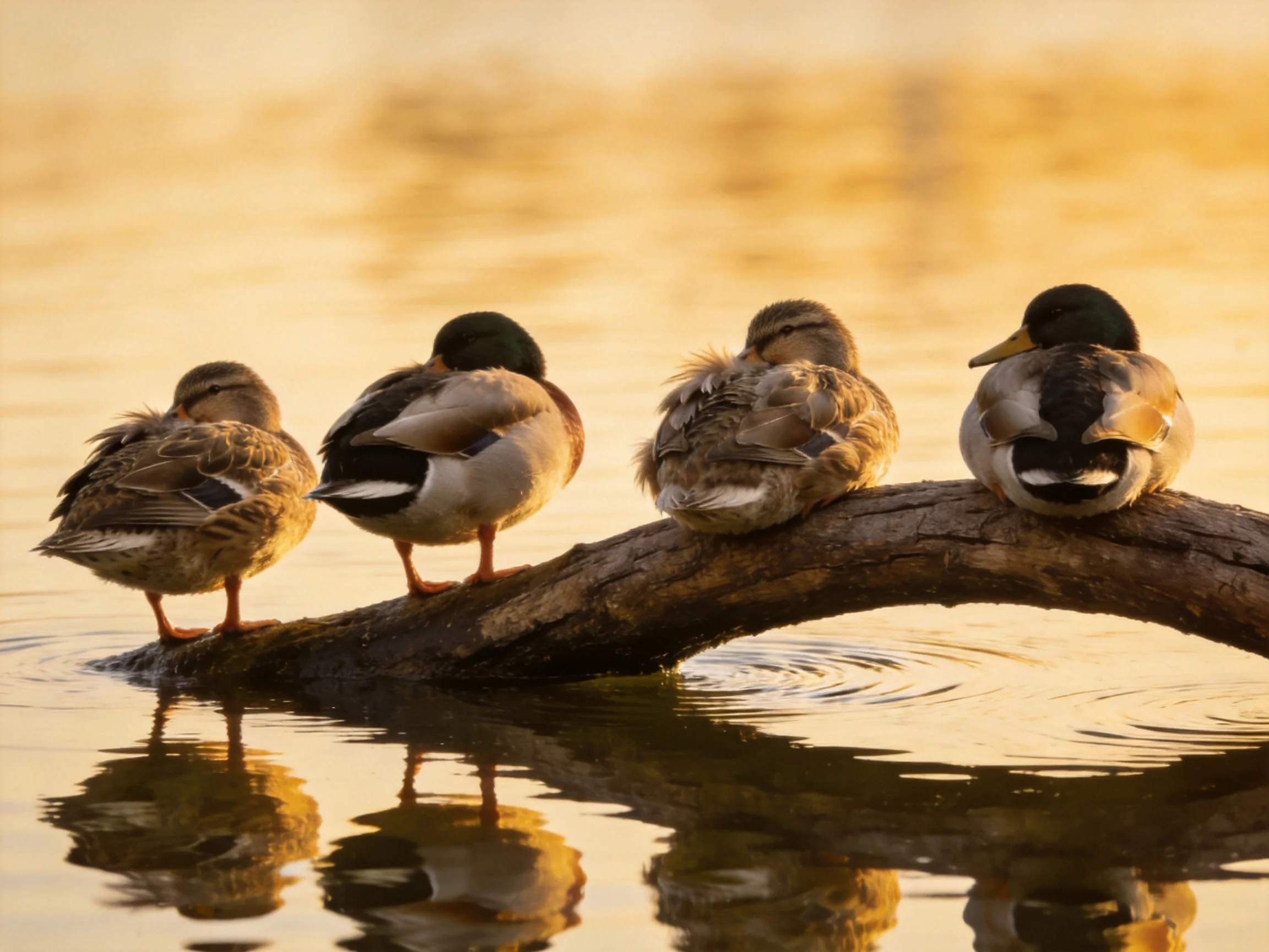 Four ducks rest on a gnarled branch amid golden water reflections