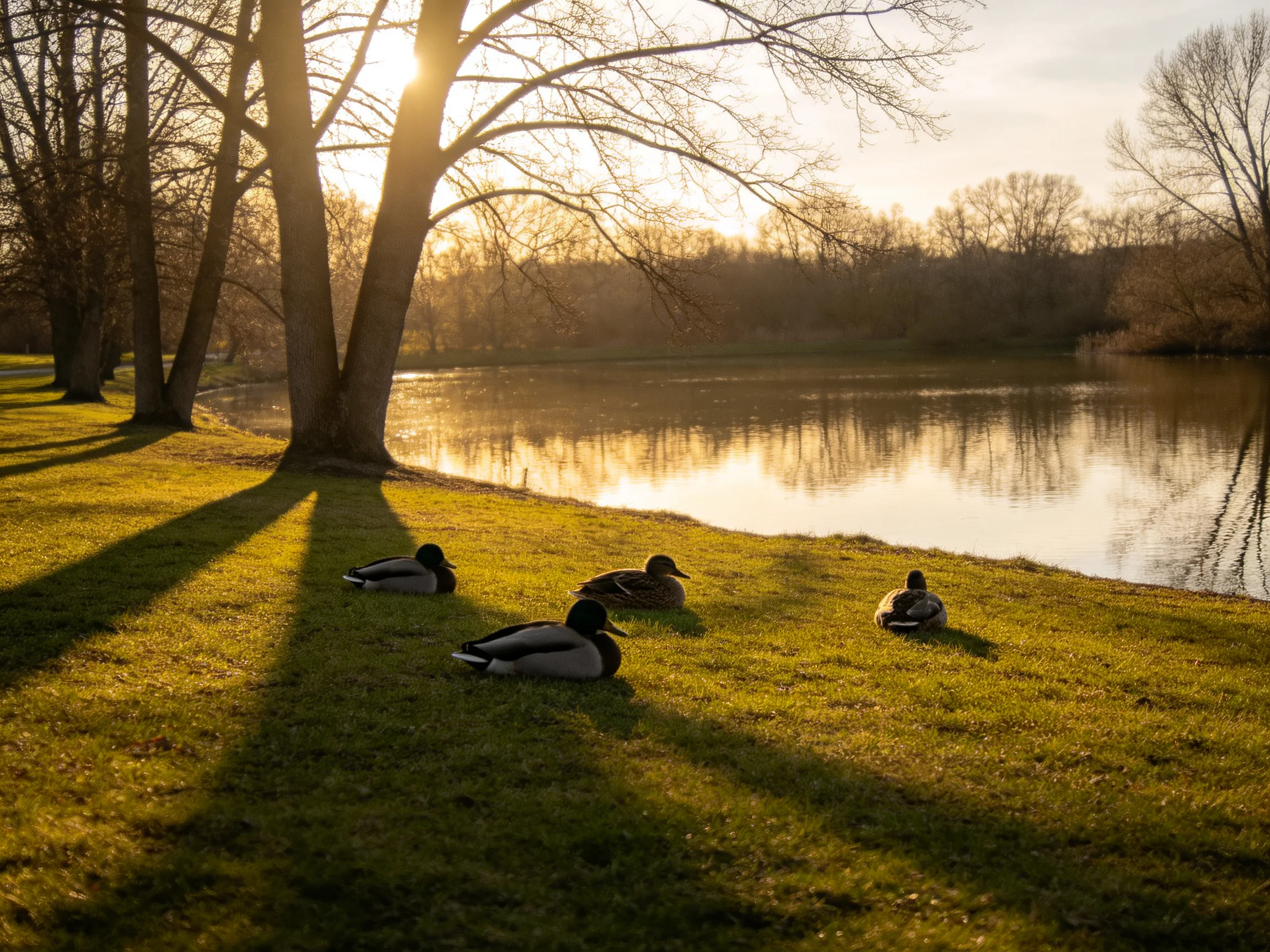 Four ducks rest on a grassy lakeside shore during golden hour
