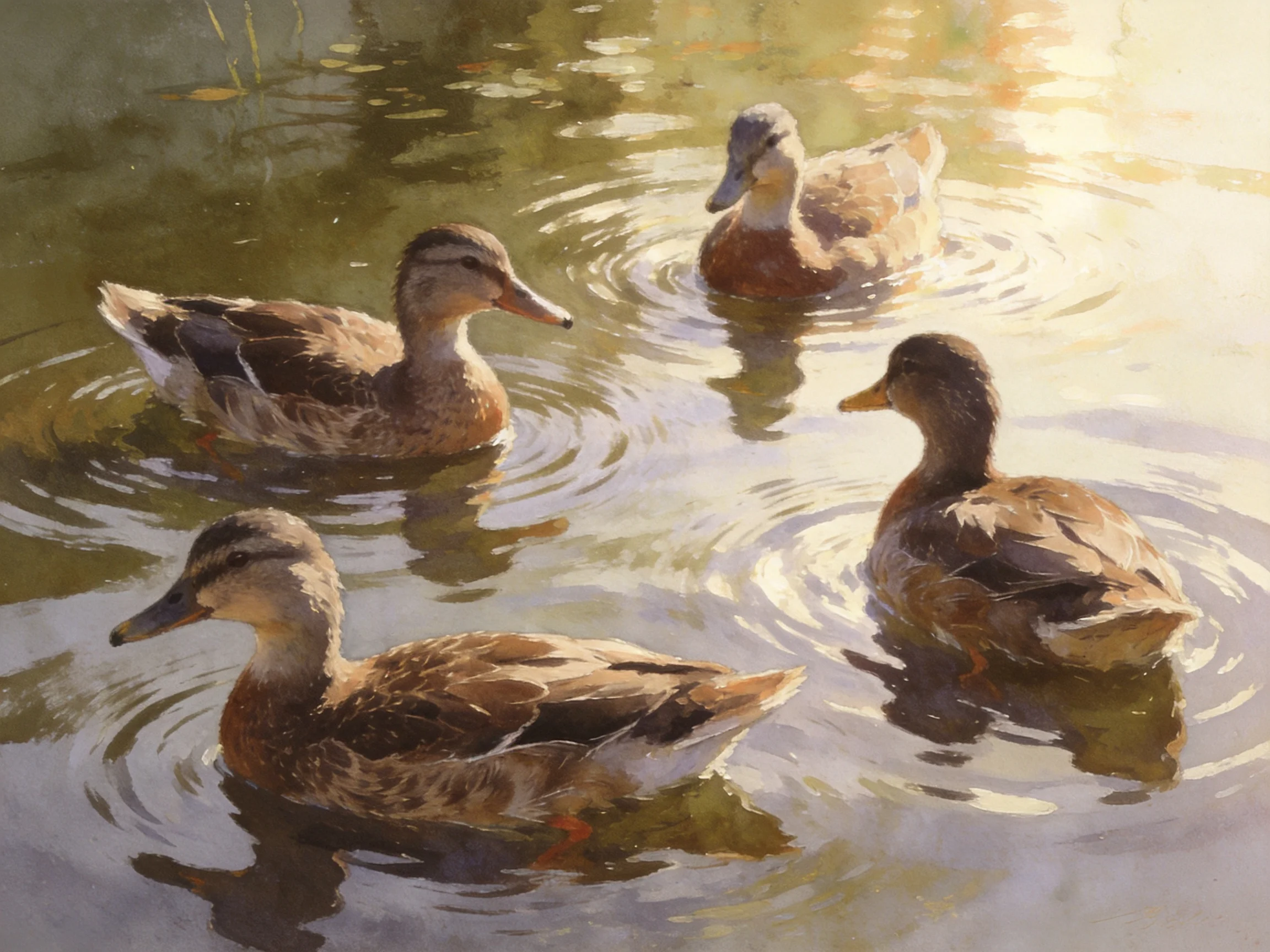 Four ducks swim gracefully in golden-hued water with rippling reflections