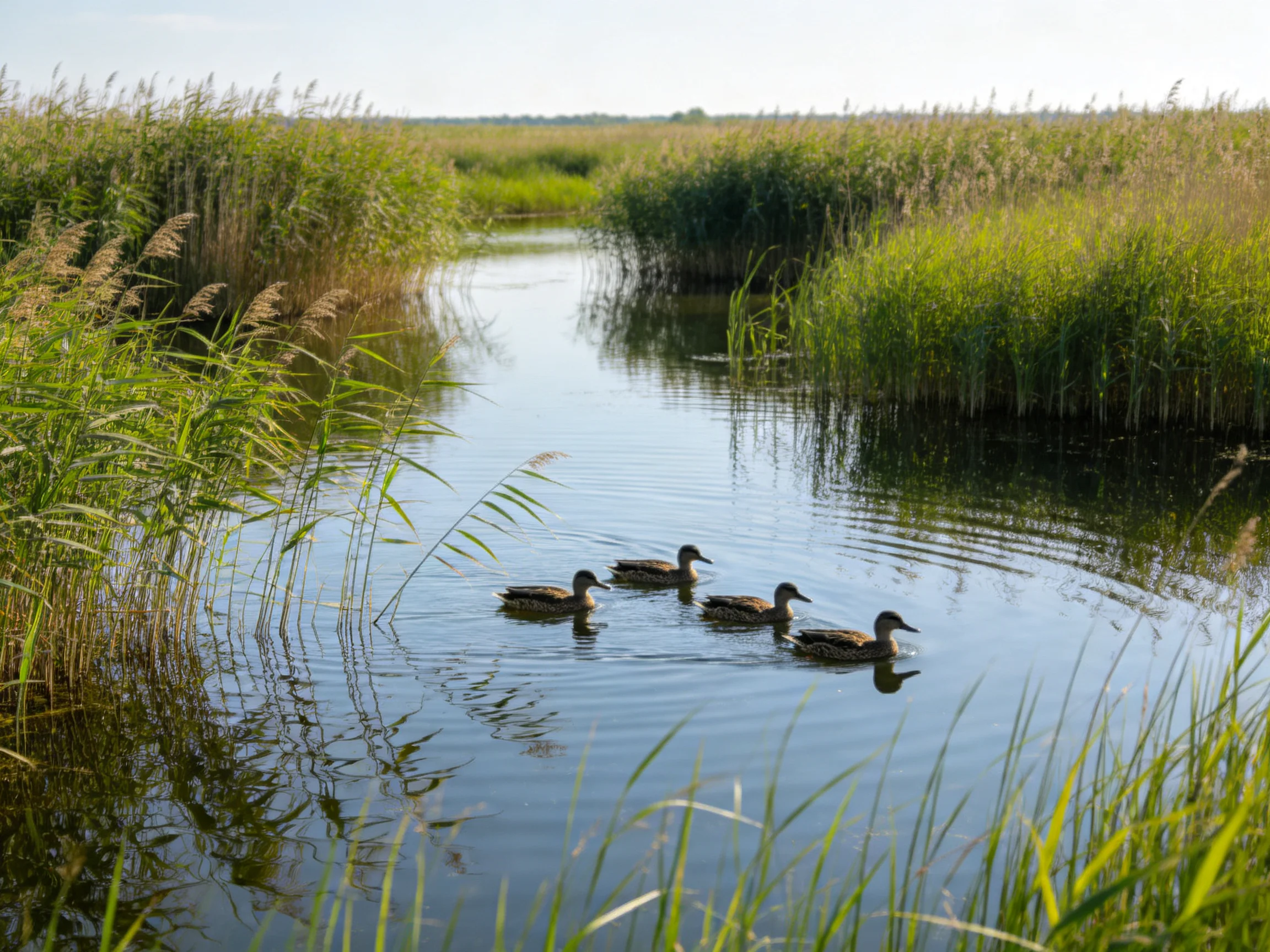Four ducks swim in a narrow waterway bordered by tall green reeds