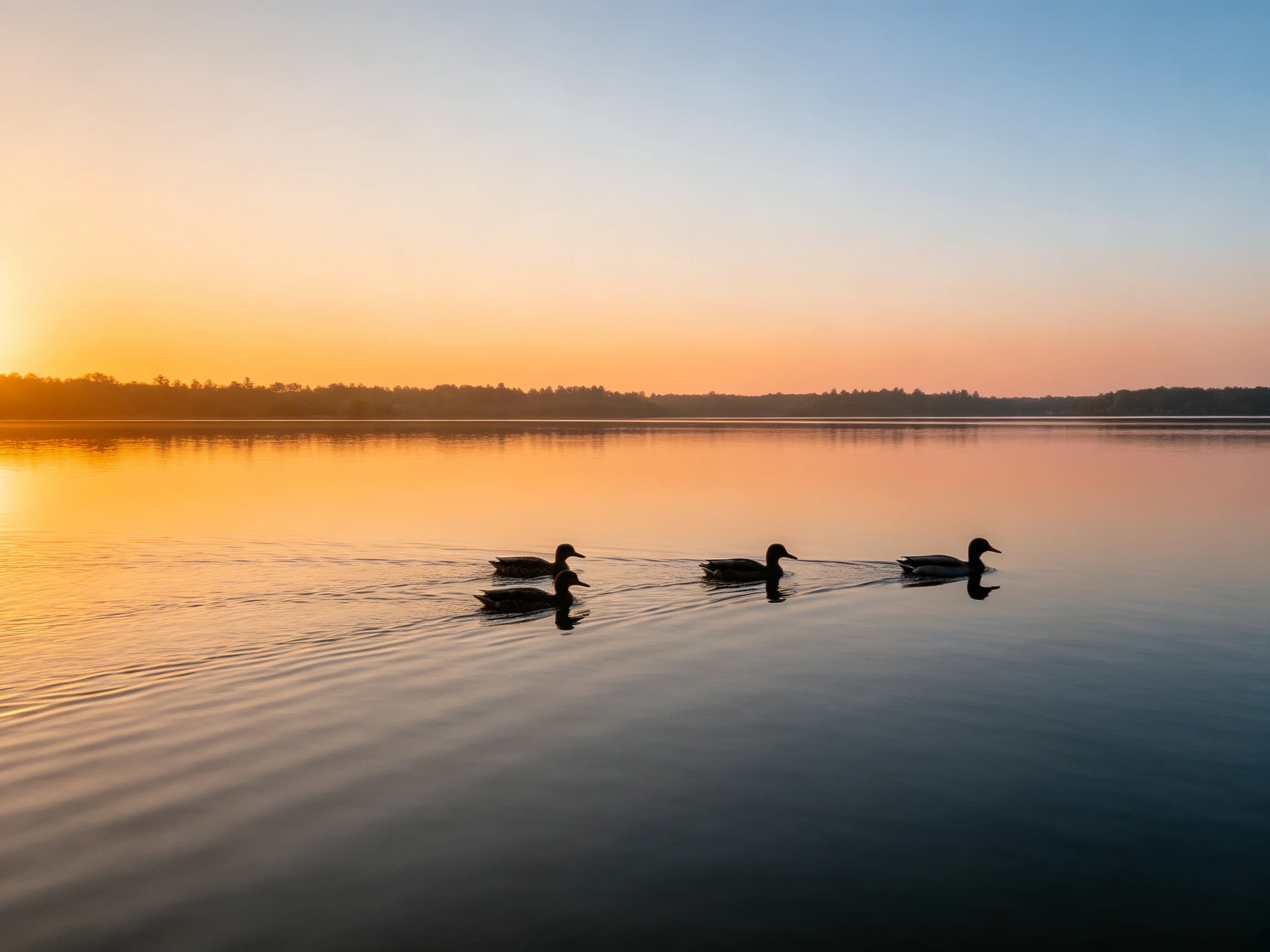 Four ducks swim on a calm lake at golden hour