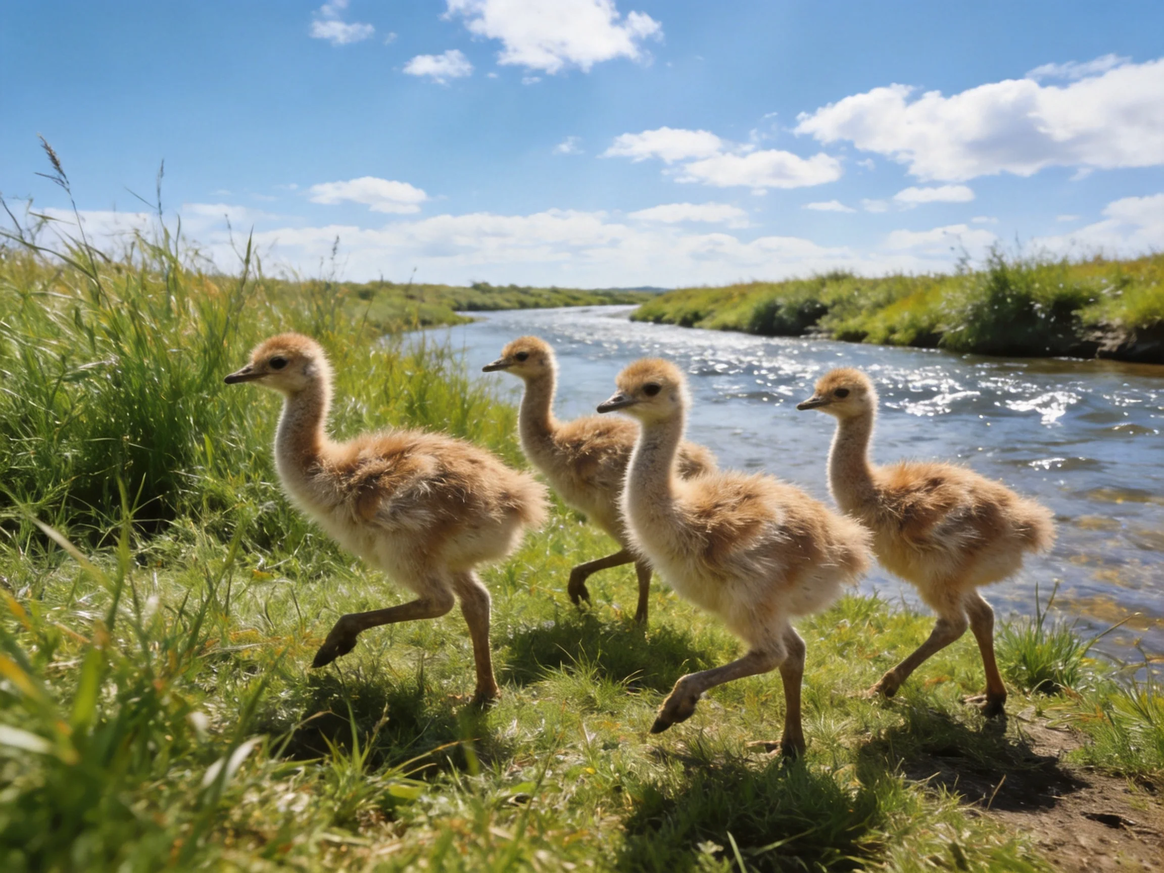 Four fluffy brown chicks walk along a shimmering riverbank under bright blue sky