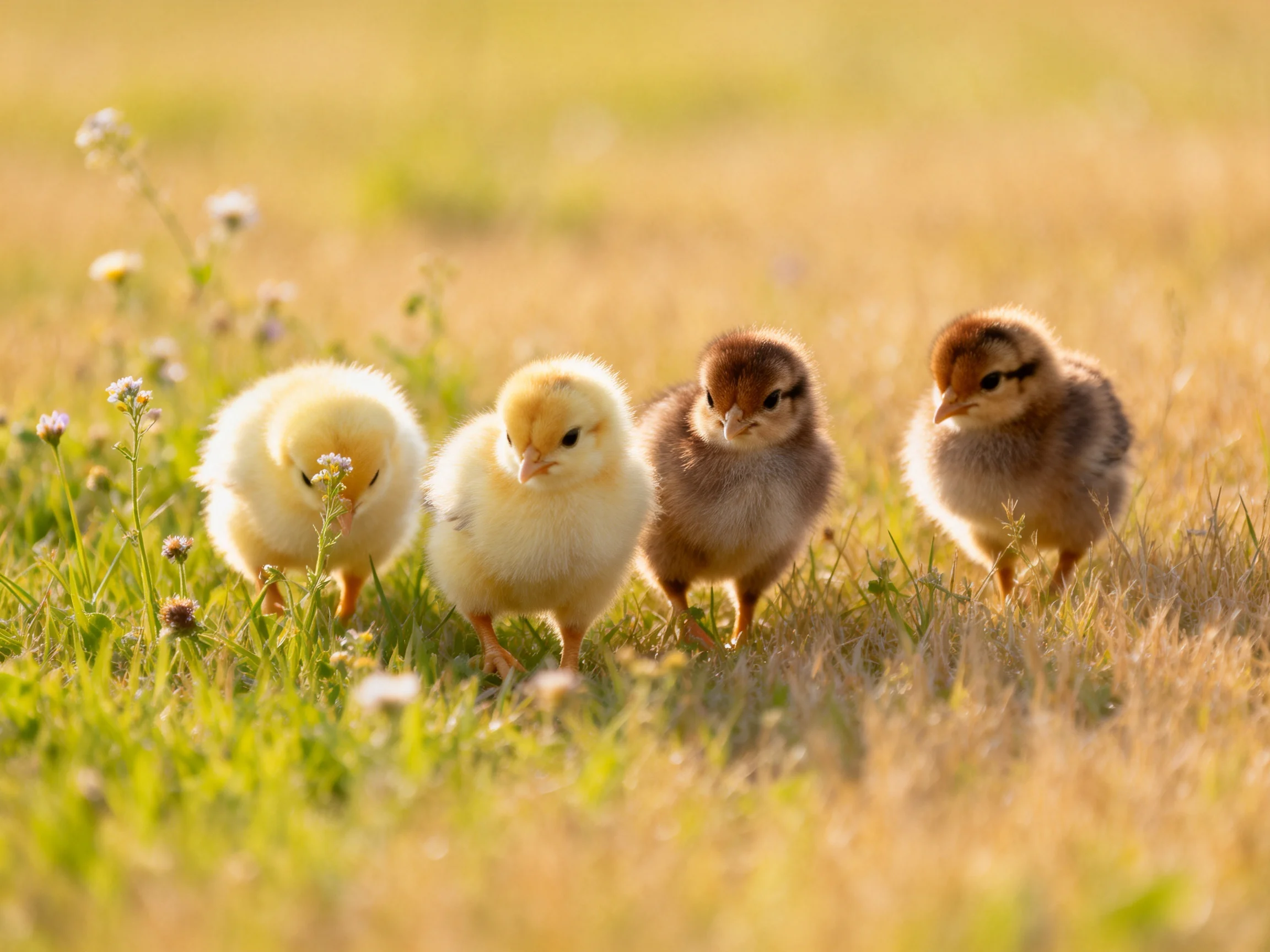 Four fluffy chicks explore a sunlit meadow with wildflowers
