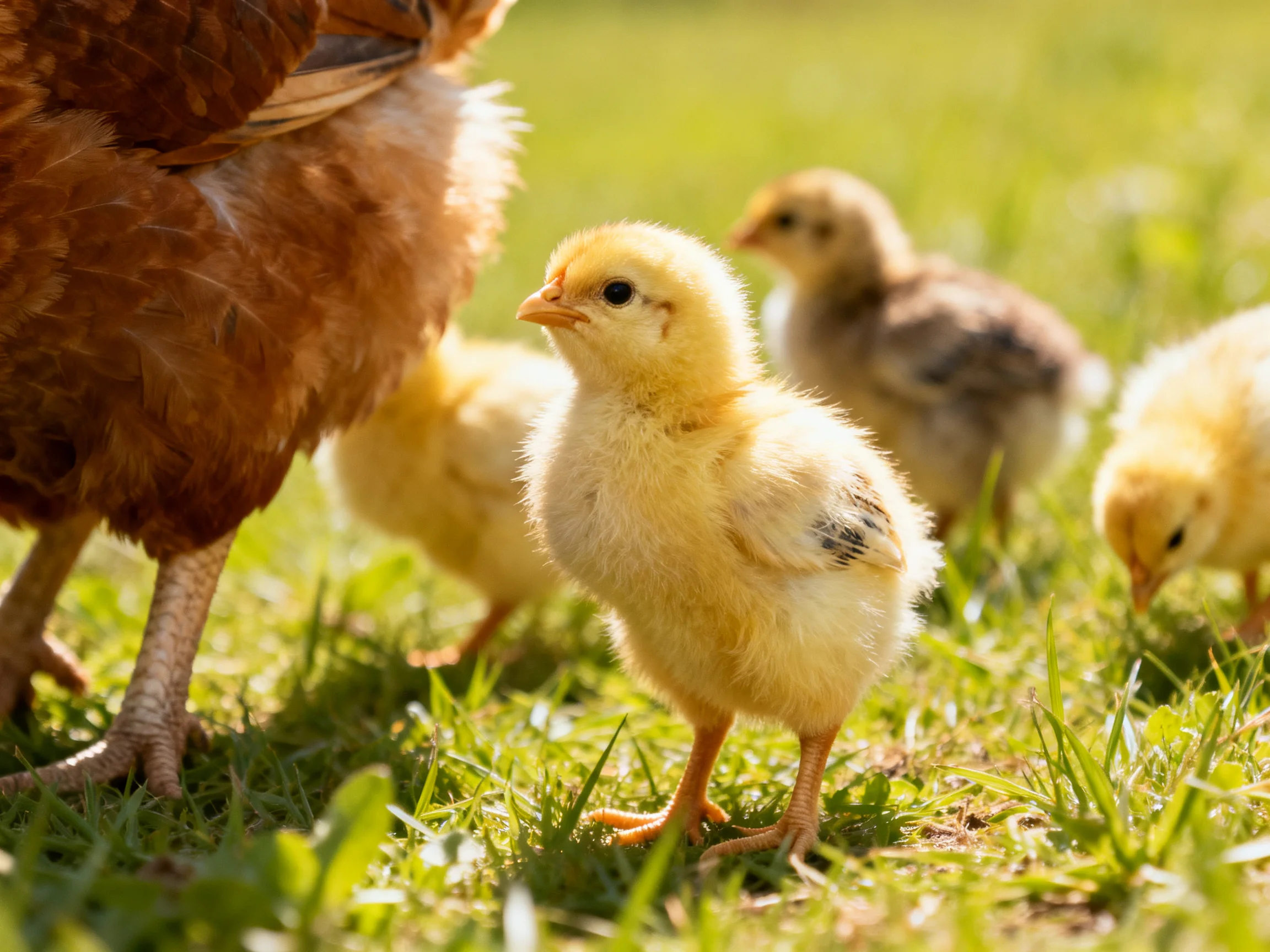 Four fluffy chicks near a brown hen on sunlit green grass