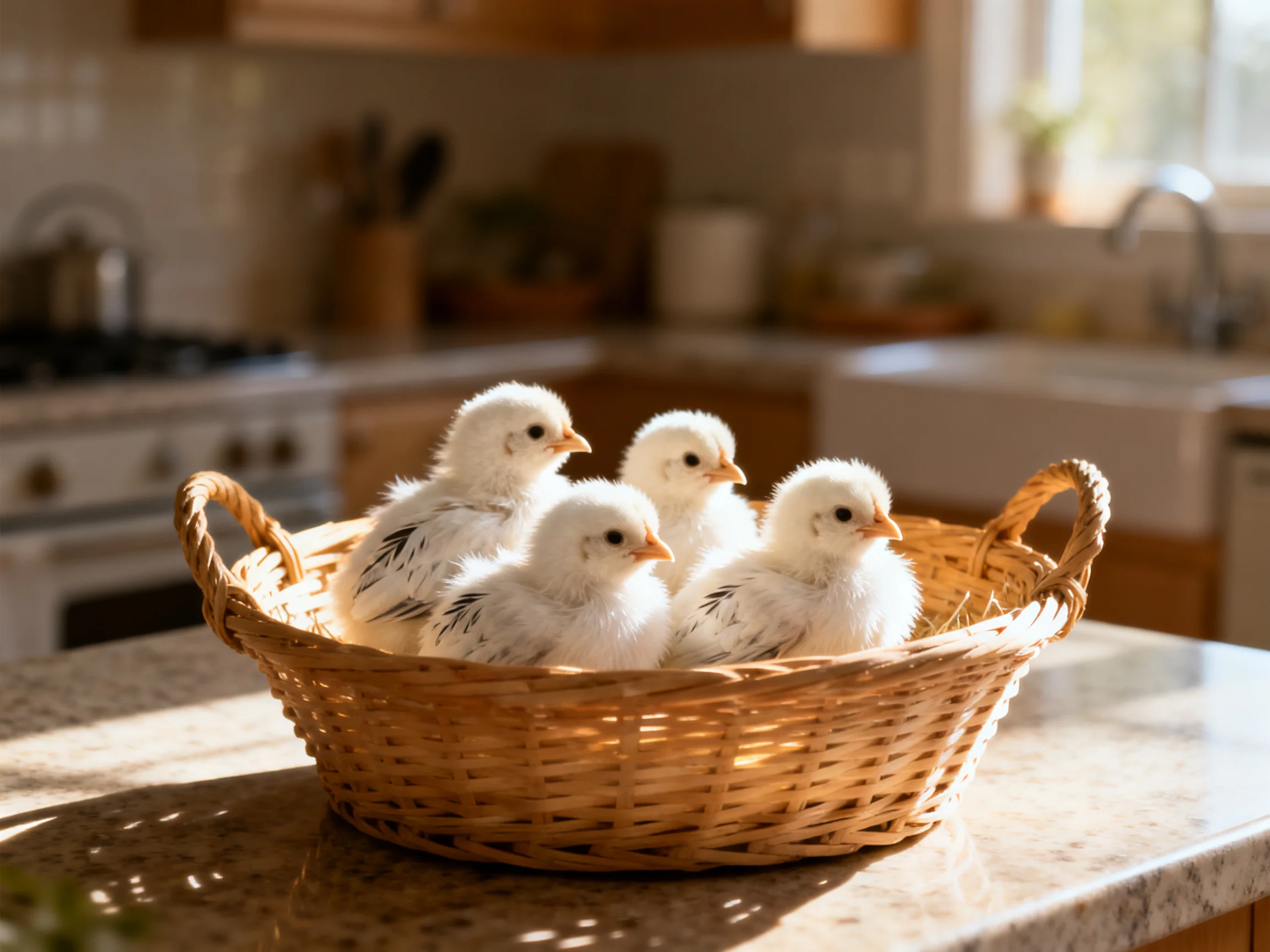 Four fluffy white chicks in a wicker basket on a sunlit kitchen counter