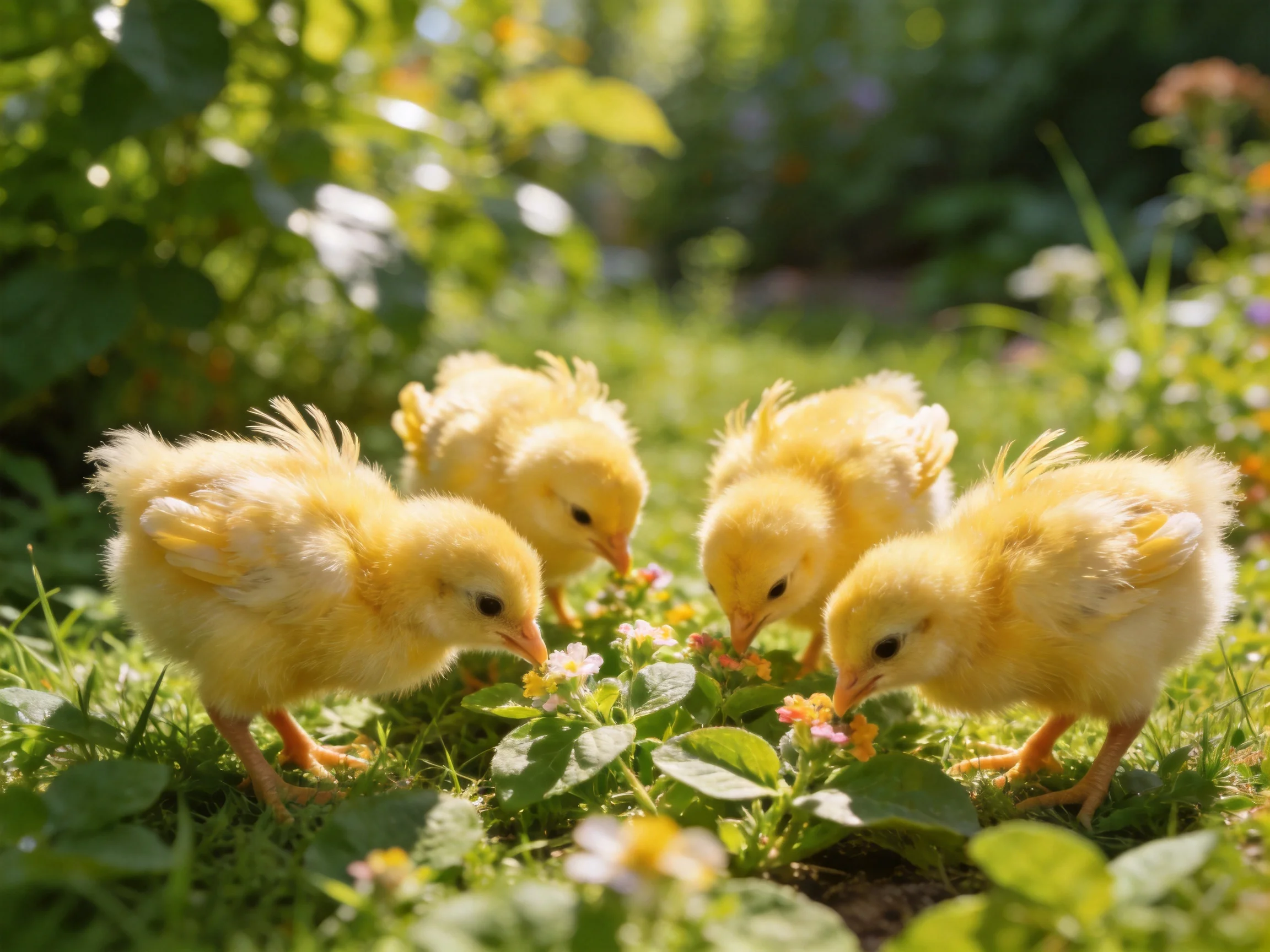 Four fluffy yellow chicks explore colorful wildflowers in a sunlit green meadow