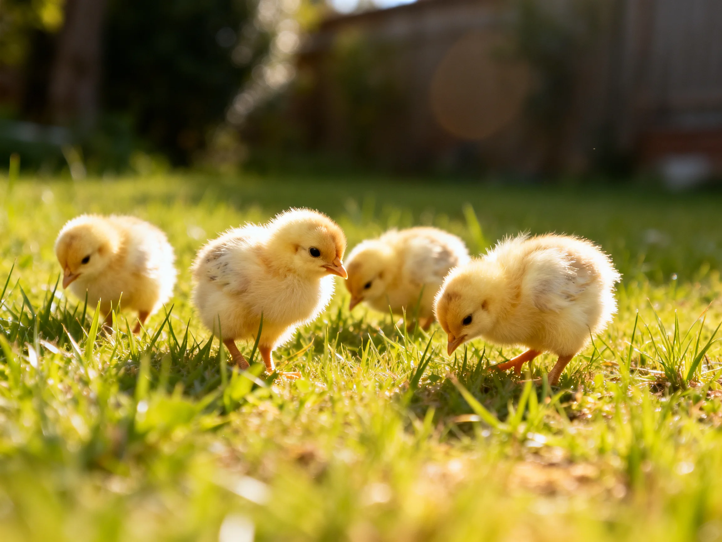 Four fluffy yellow chicks exploring a sunlit green lawn