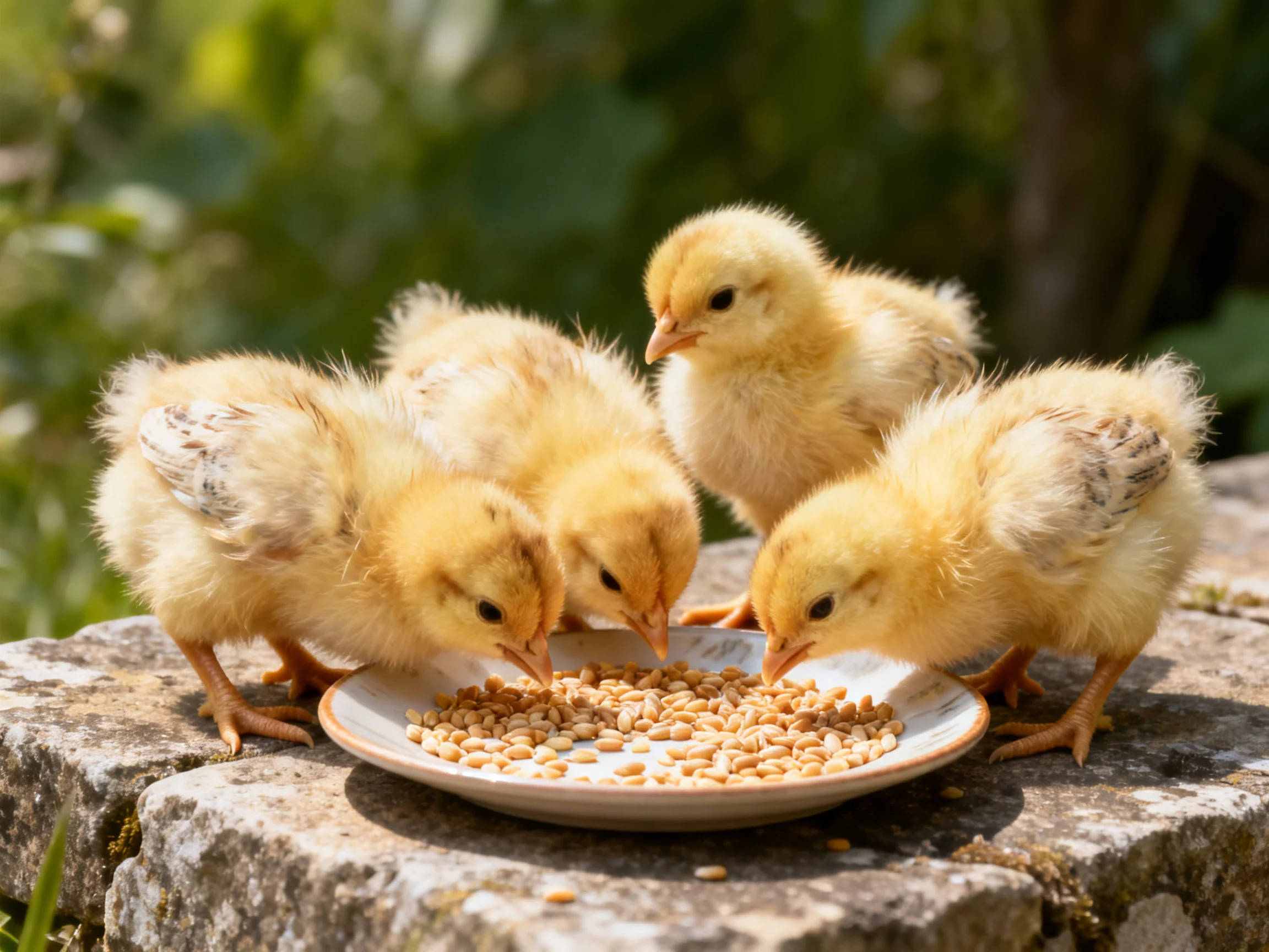 Four fluffy yellow chicks gather around a plate of seeds outdoors