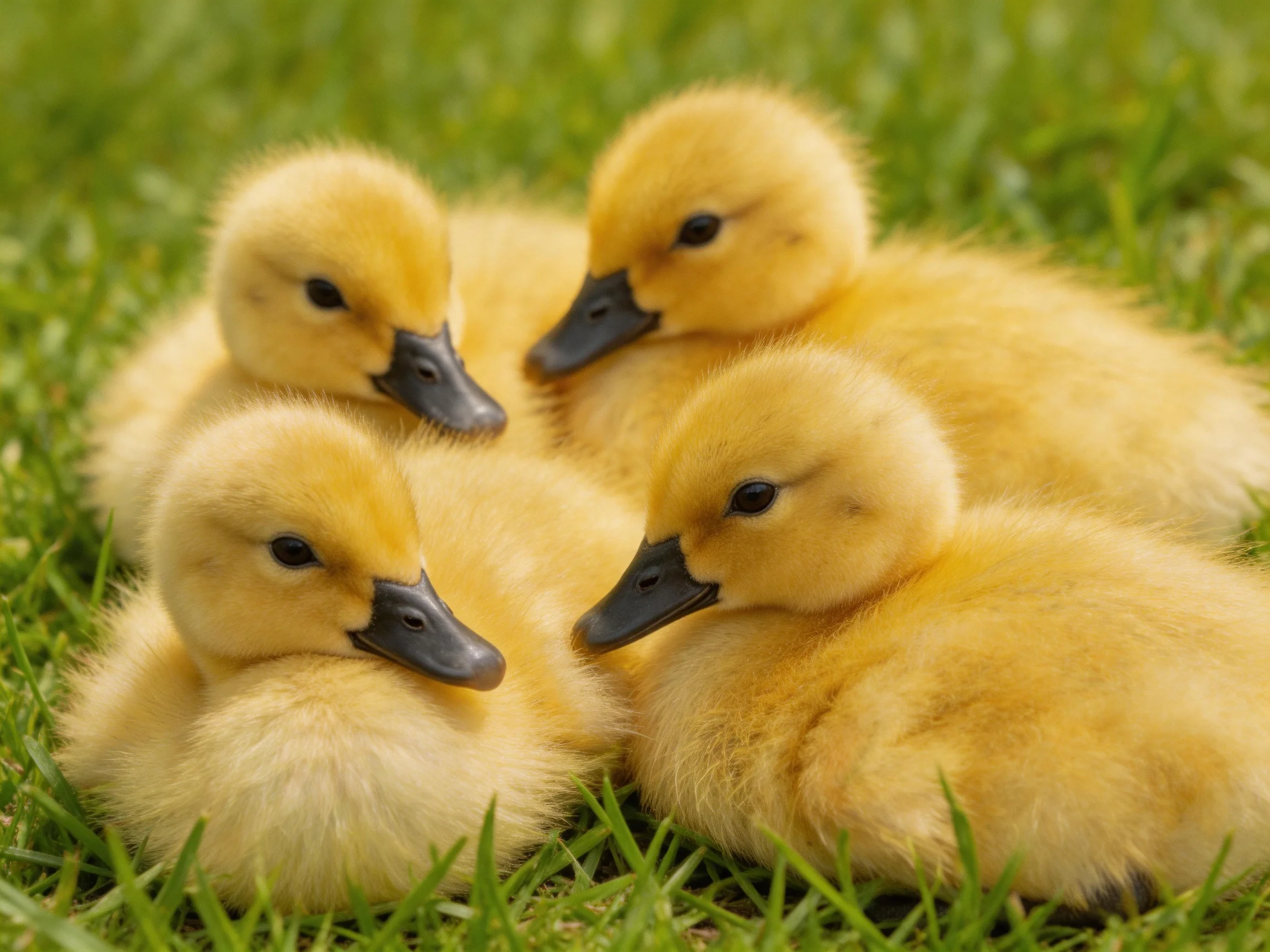 Four fluffy yellow ducklings resting on green grass