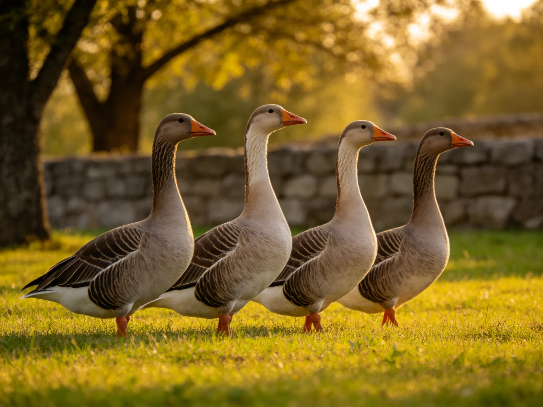 Four geese with orange beaks walk on a sunlit grassy field