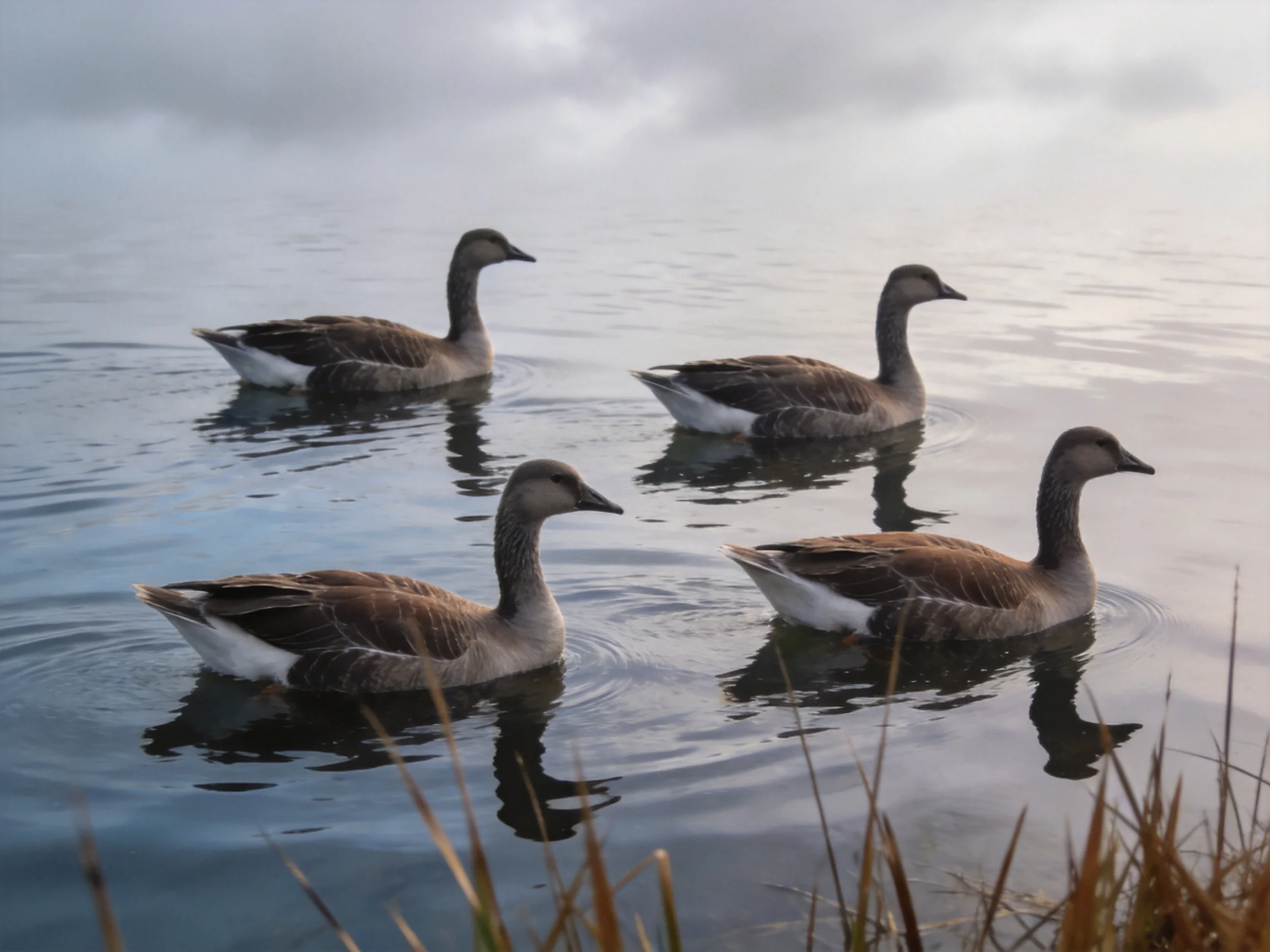 Four gray-brown geese swim in calm water near tall reeds