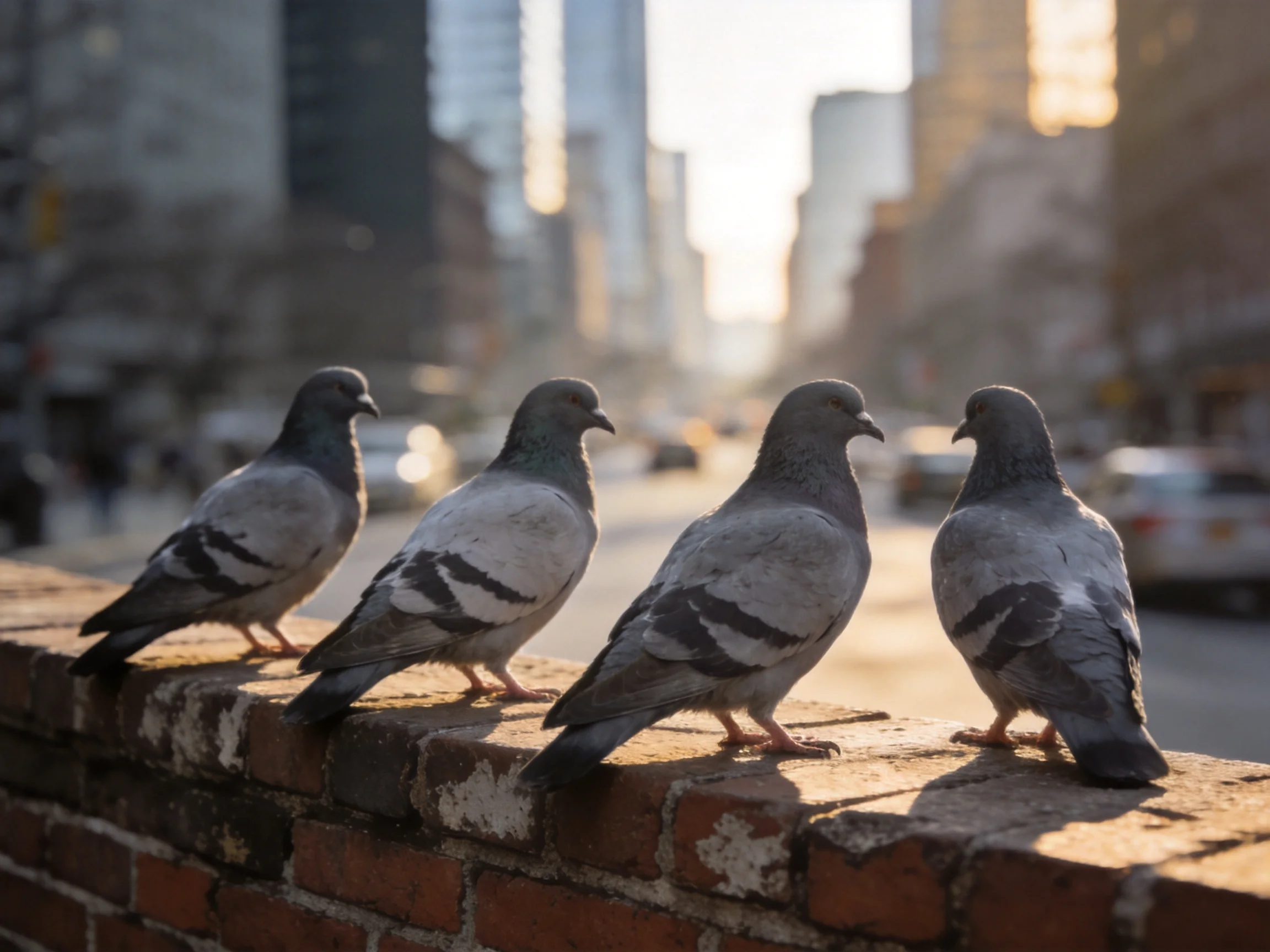Four pigeons perch on a weathered brick wall overlooking a sunlit city street
