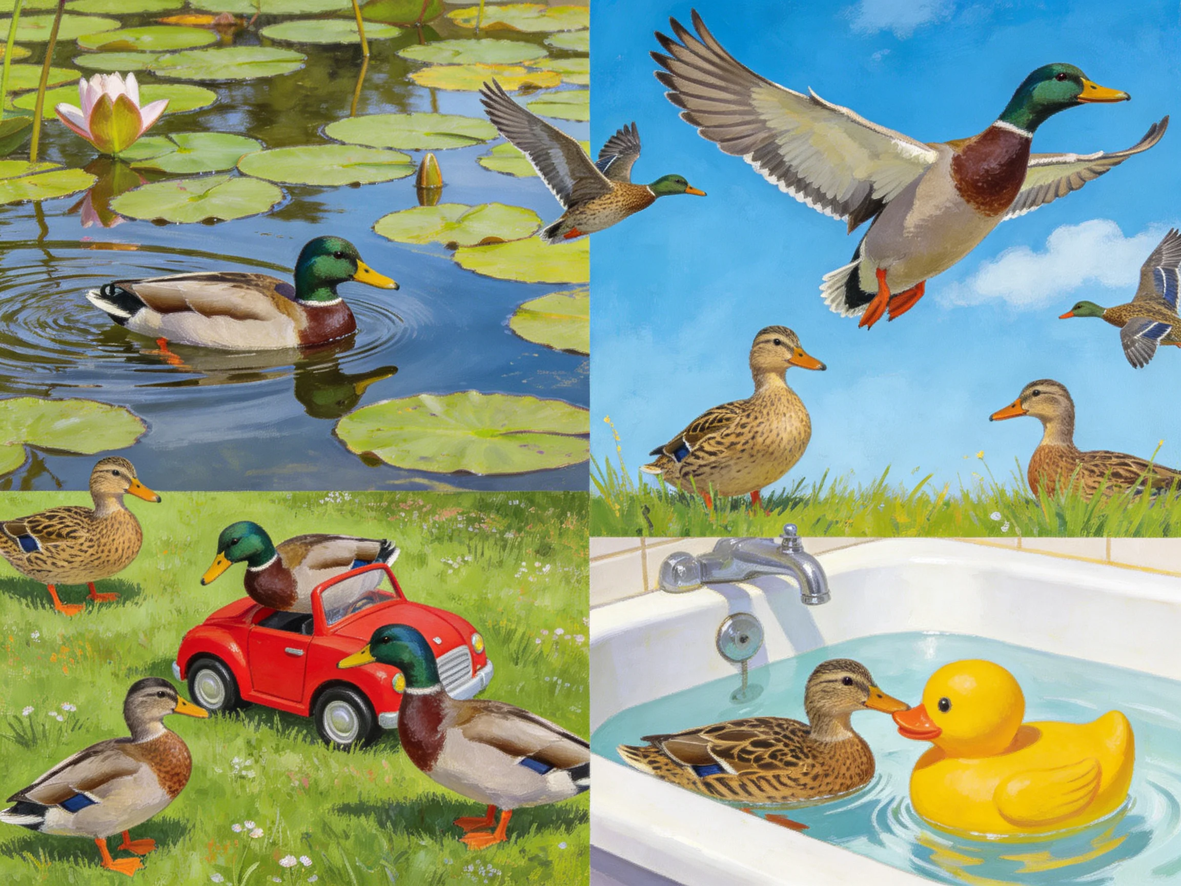 Four scenes of ducks swimming, flying, playing, and bathing