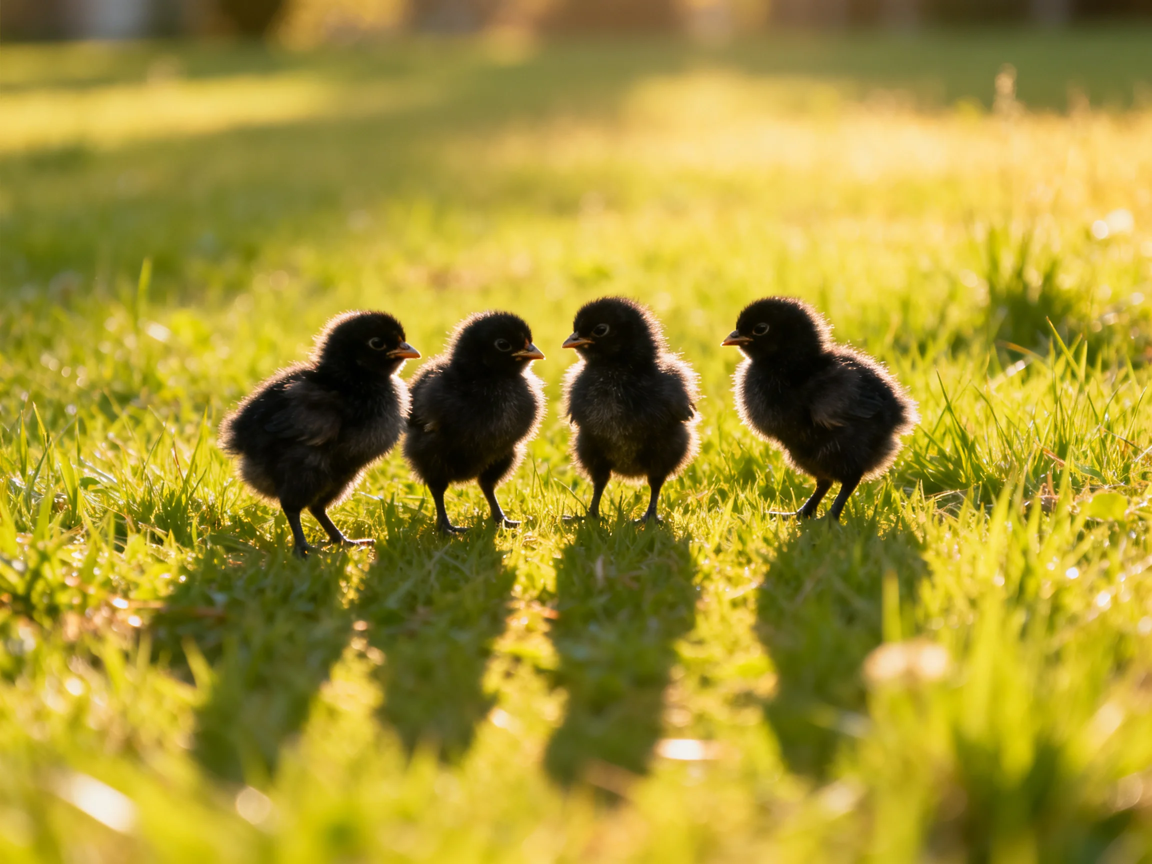 Four small black chicks standing on sunlit green grass
