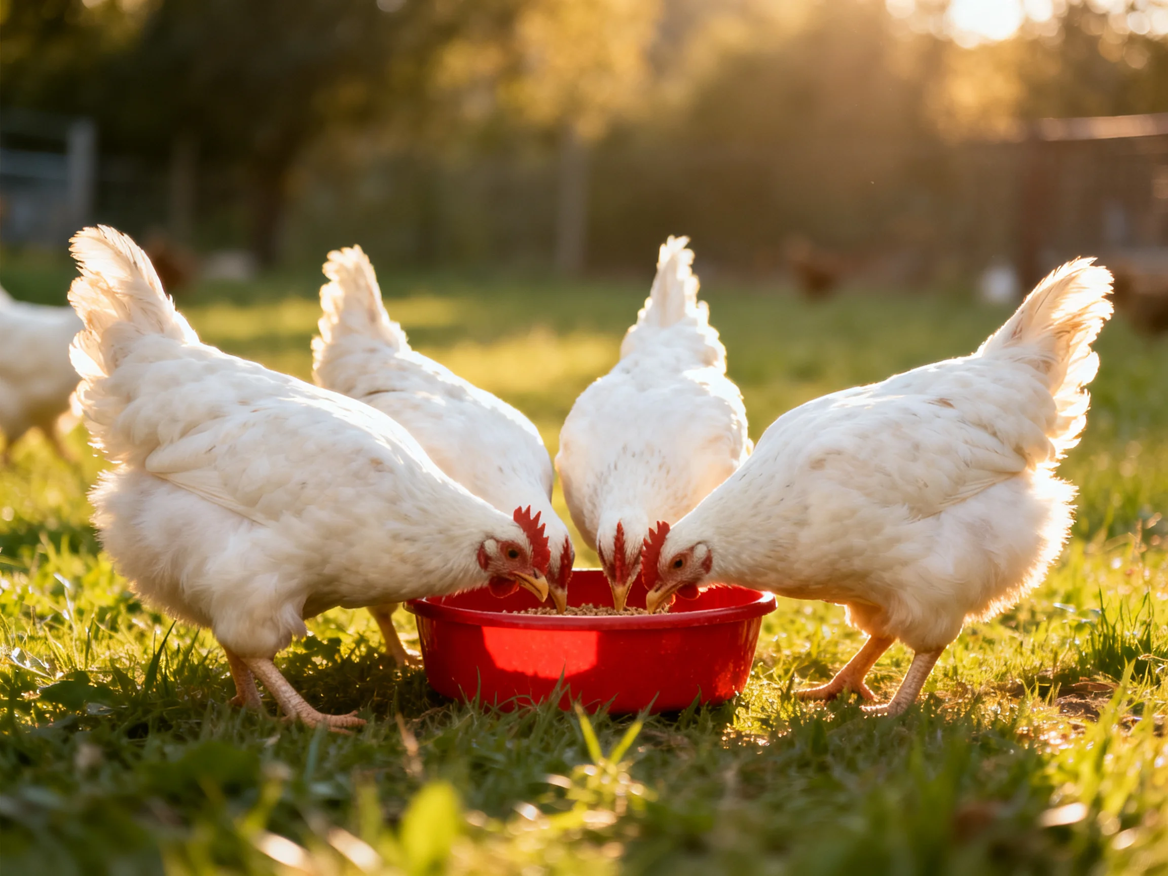 Four white chickens gather around a red feeding dish on grass