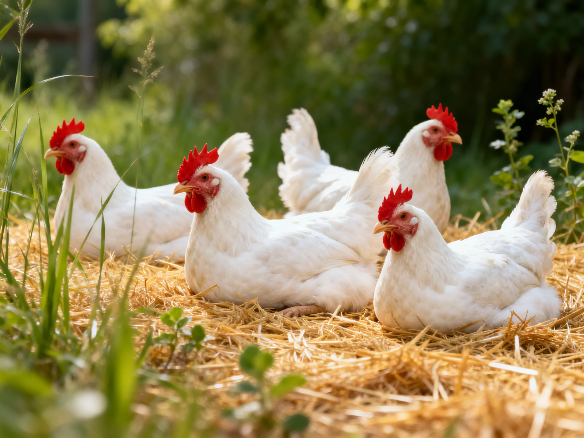 Four white chickens rest on straw in a green outdoor setting