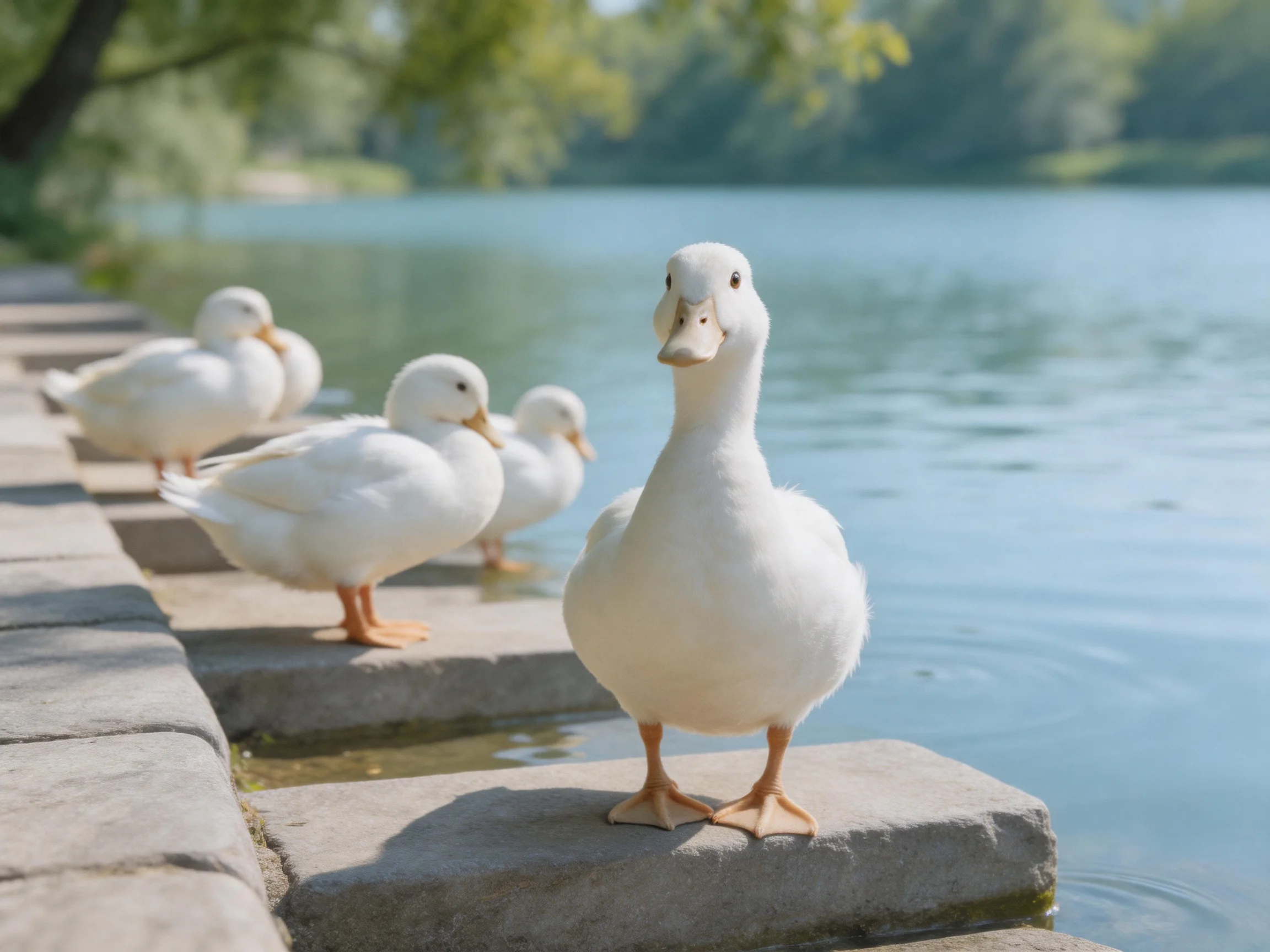Four white ducks stand on stone steps beside a calm blue lake