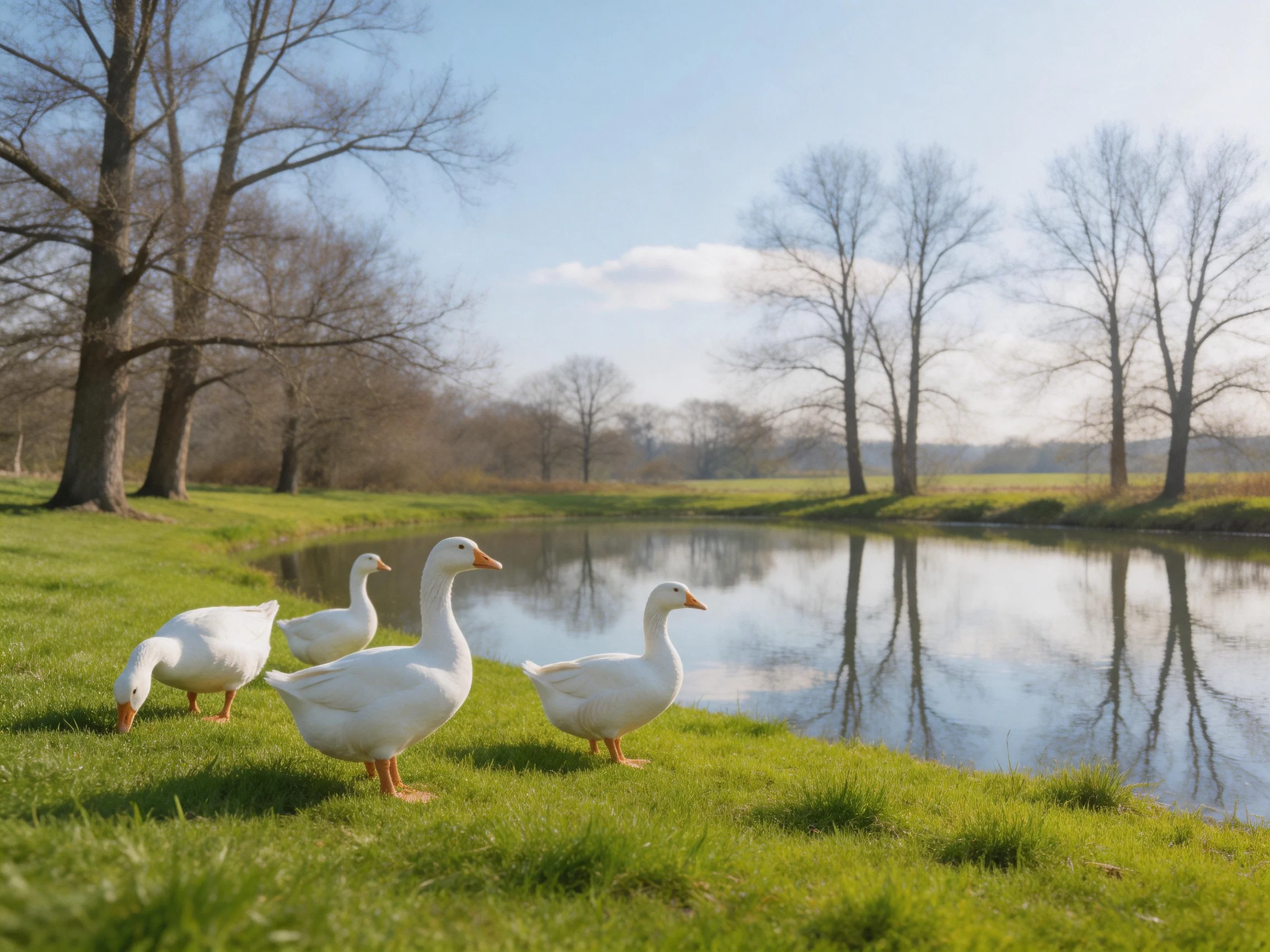 Four white geese foraging by a tranquil pond with green grass and bare trees