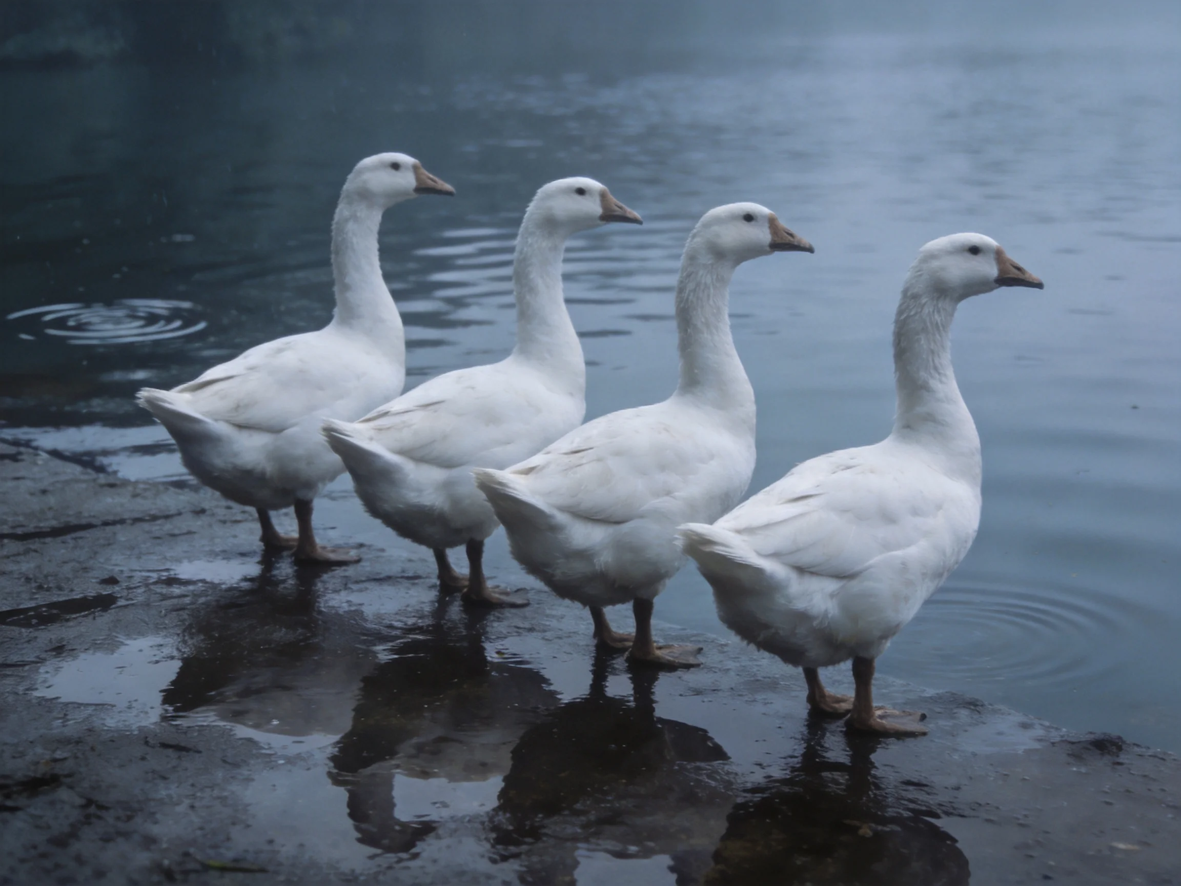 Four white geese stand in a row by calm blue water