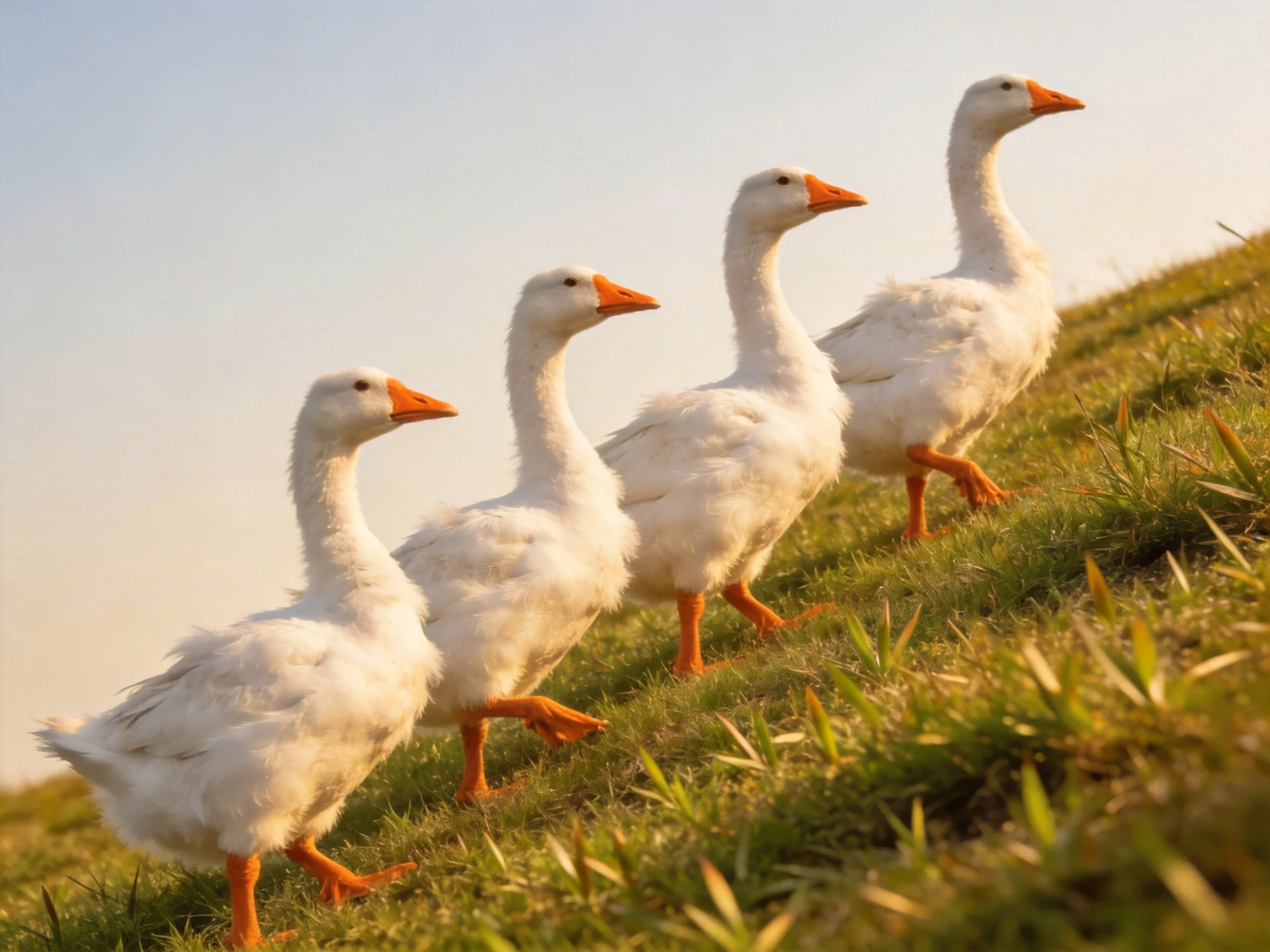 Four white geese with bright orange beaks traverse a grassy hillside