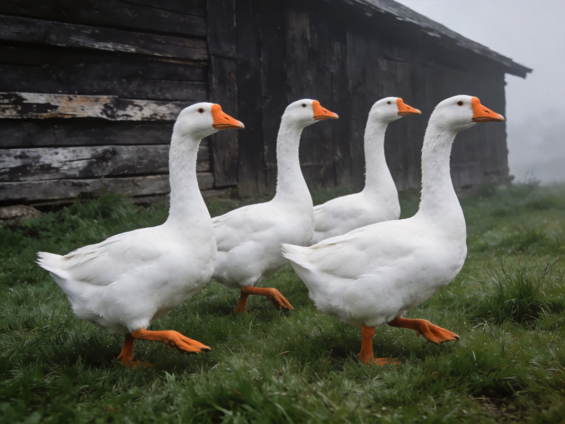 Four white geese with orange beaks and feet near a weathered wooden structure
