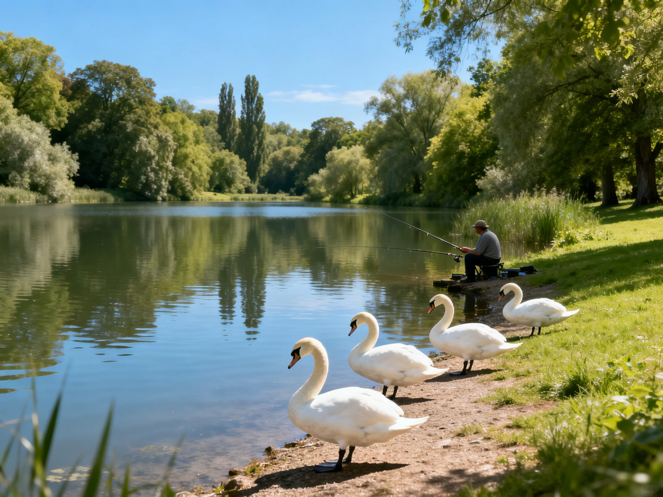 Four white swans near a fisherman by a tranquil lake with lush trees