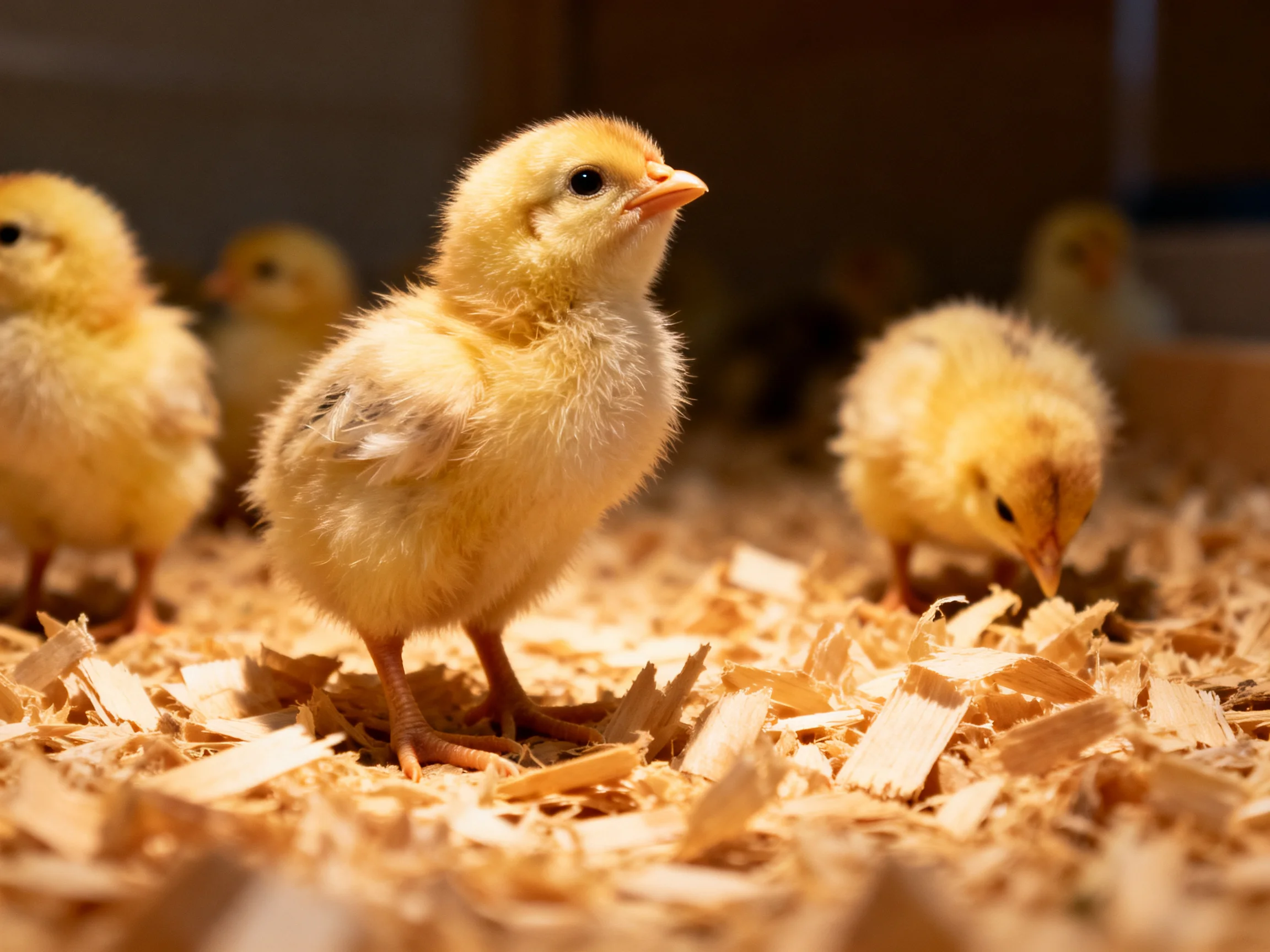 Four yellow chicks explore wood shavings in a warm-lit indoor area