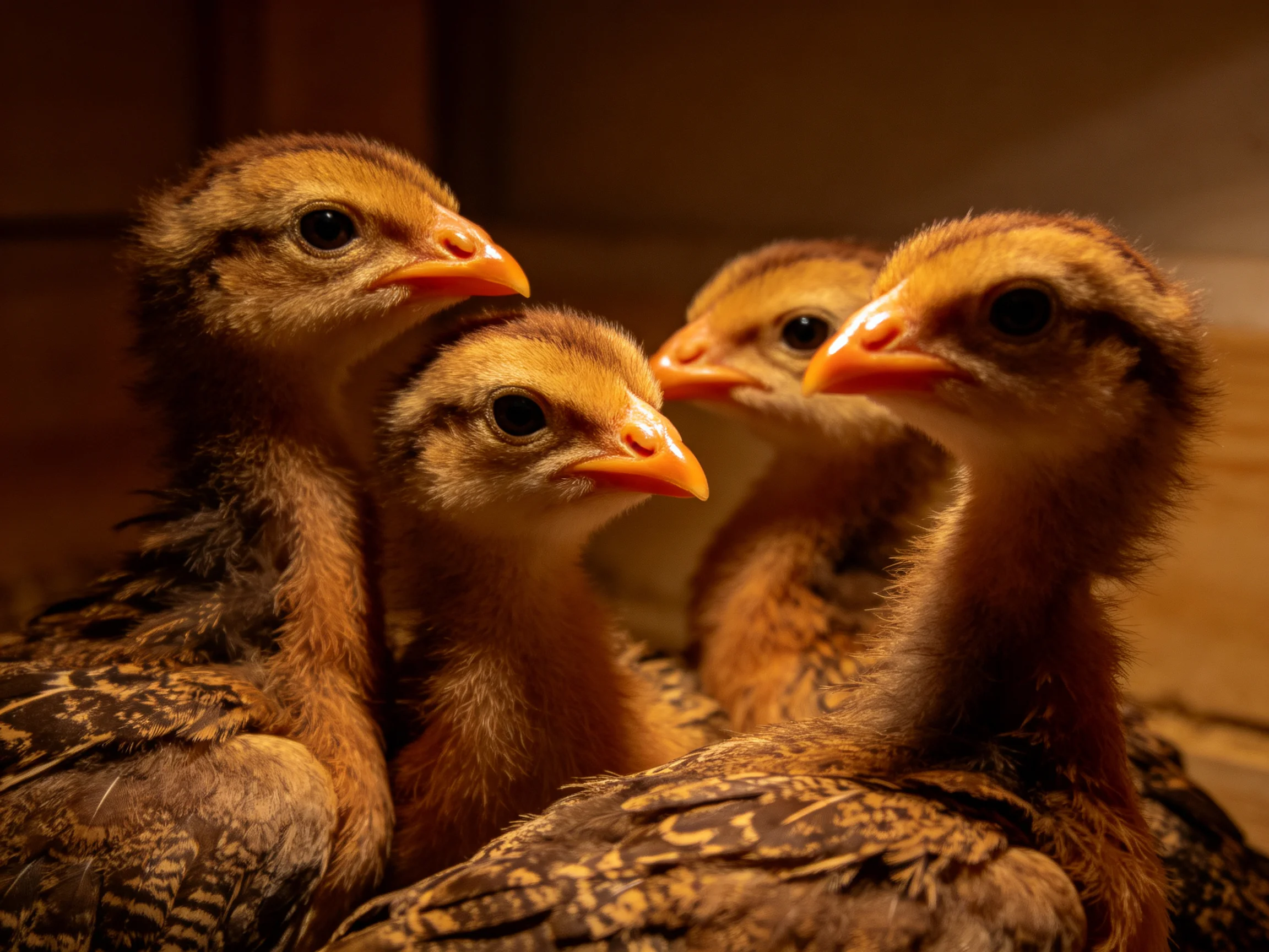 Four young brown chicks with orange beaks huddled together