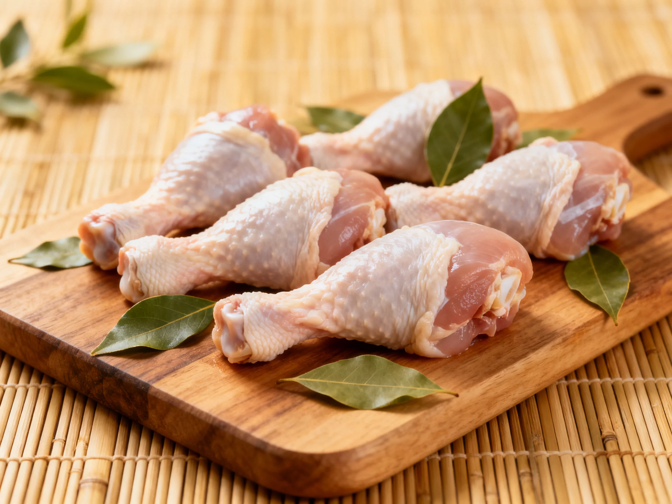 Fresh raw chicken drumsticks arranged on a wooden cutting board with bay leaves
