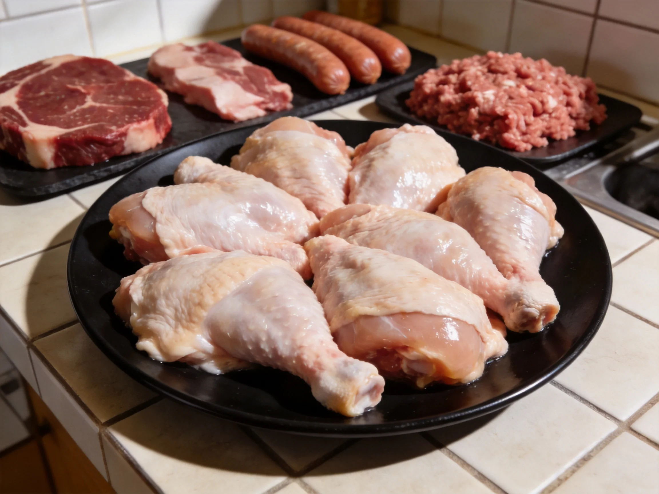 Fresh raw meats including chicken legs, sausages, ground beef, and steaks on a tiled counter