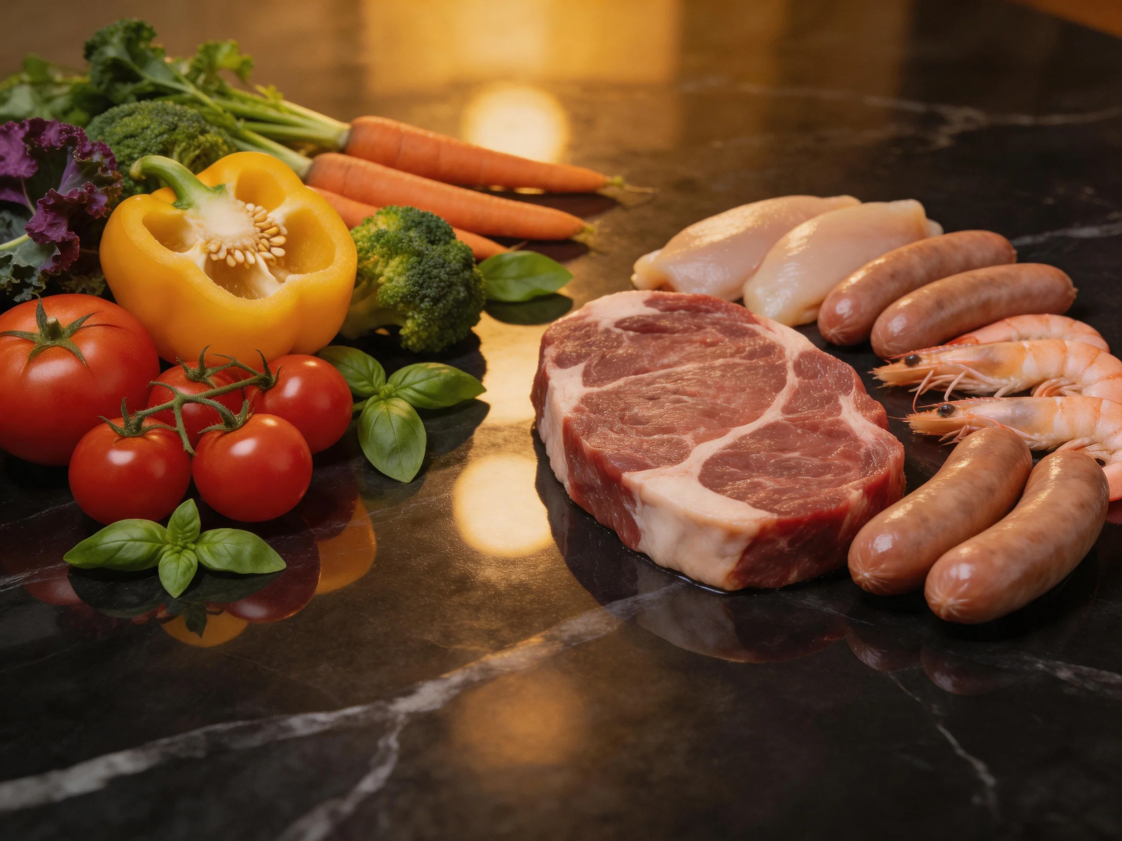 Fresh vegetables and assorted meats arranged on a dark marble surface