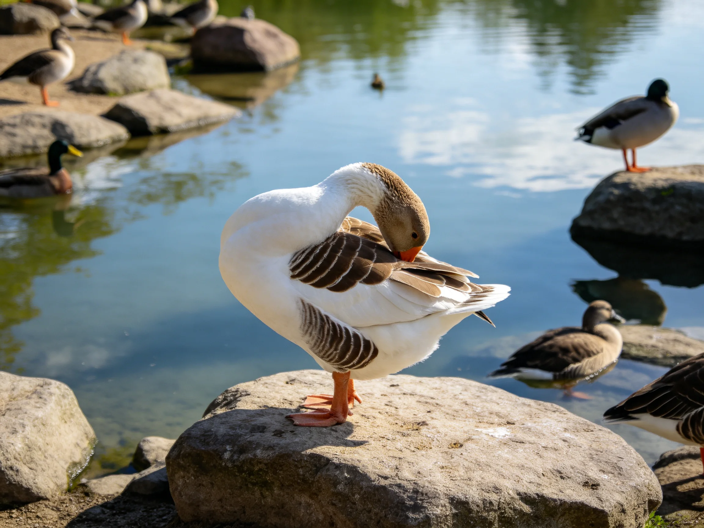 Geese and Ducks Near a Calm Pond on Large Rocks