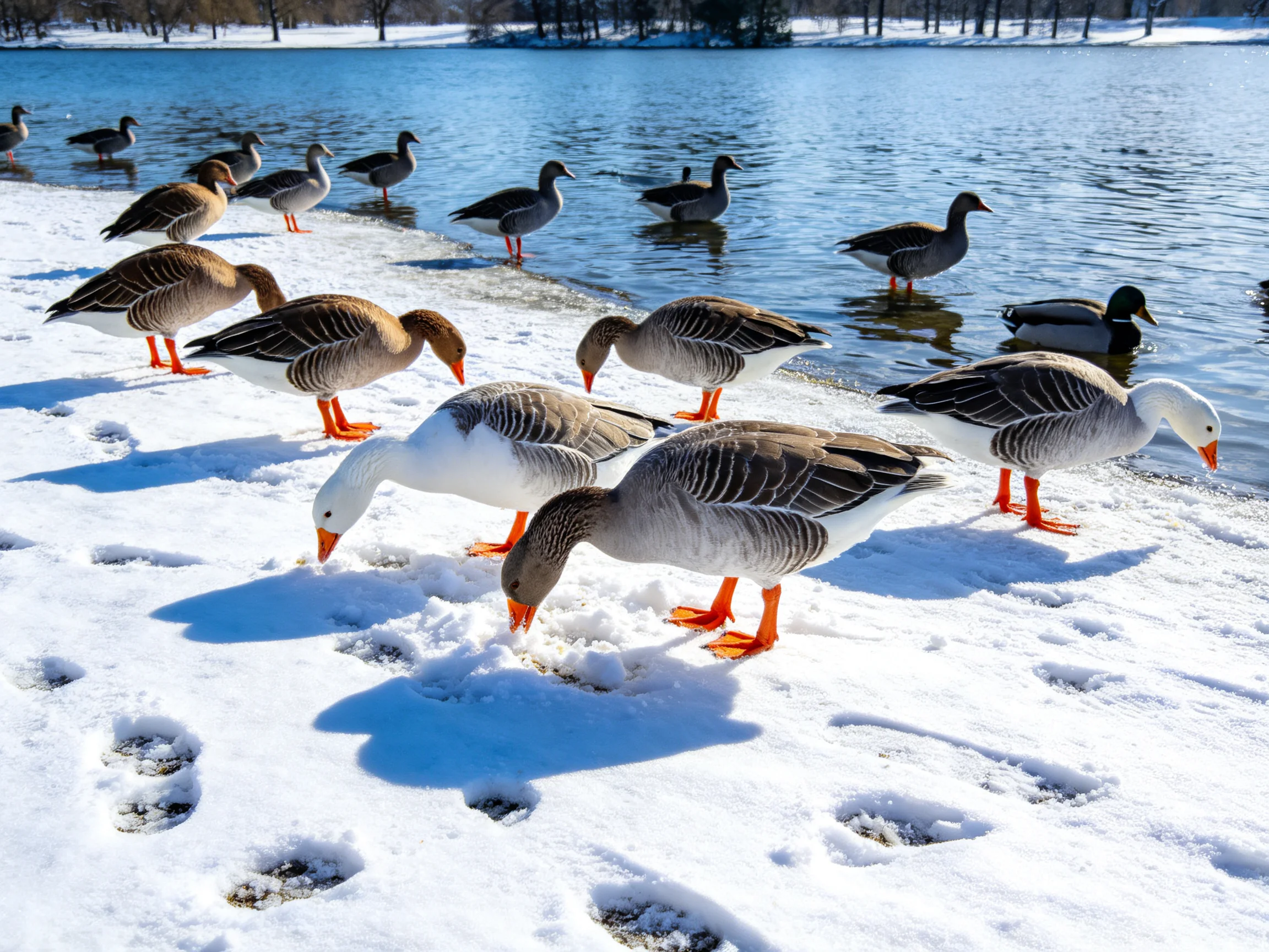 Geese and Ducks with Orange Feet on Snowy Lake Shore