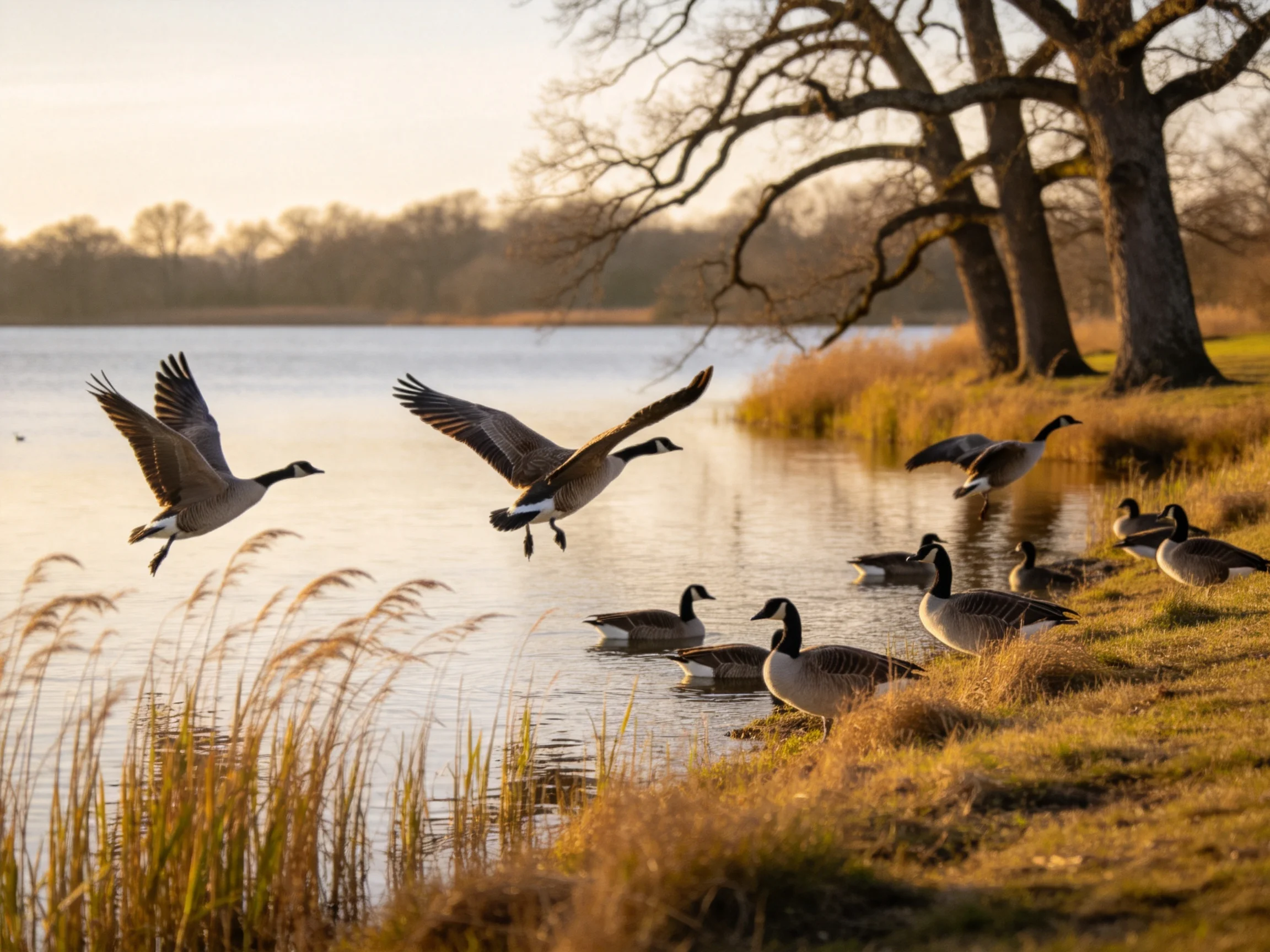 Geese gather bya calm lake with tall grasses and bare trees