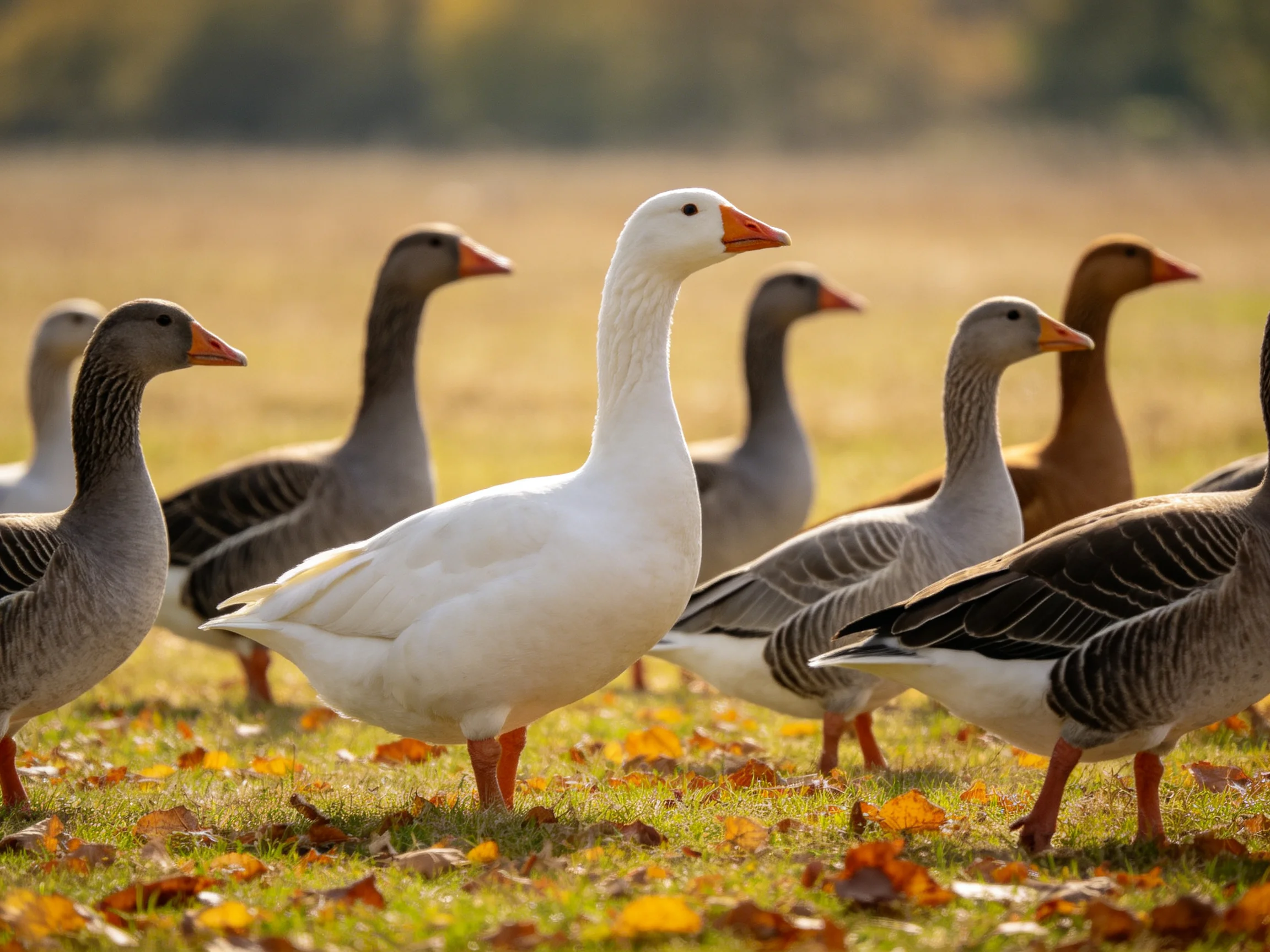 Geese, including a prominent white one, gather in an autumn field