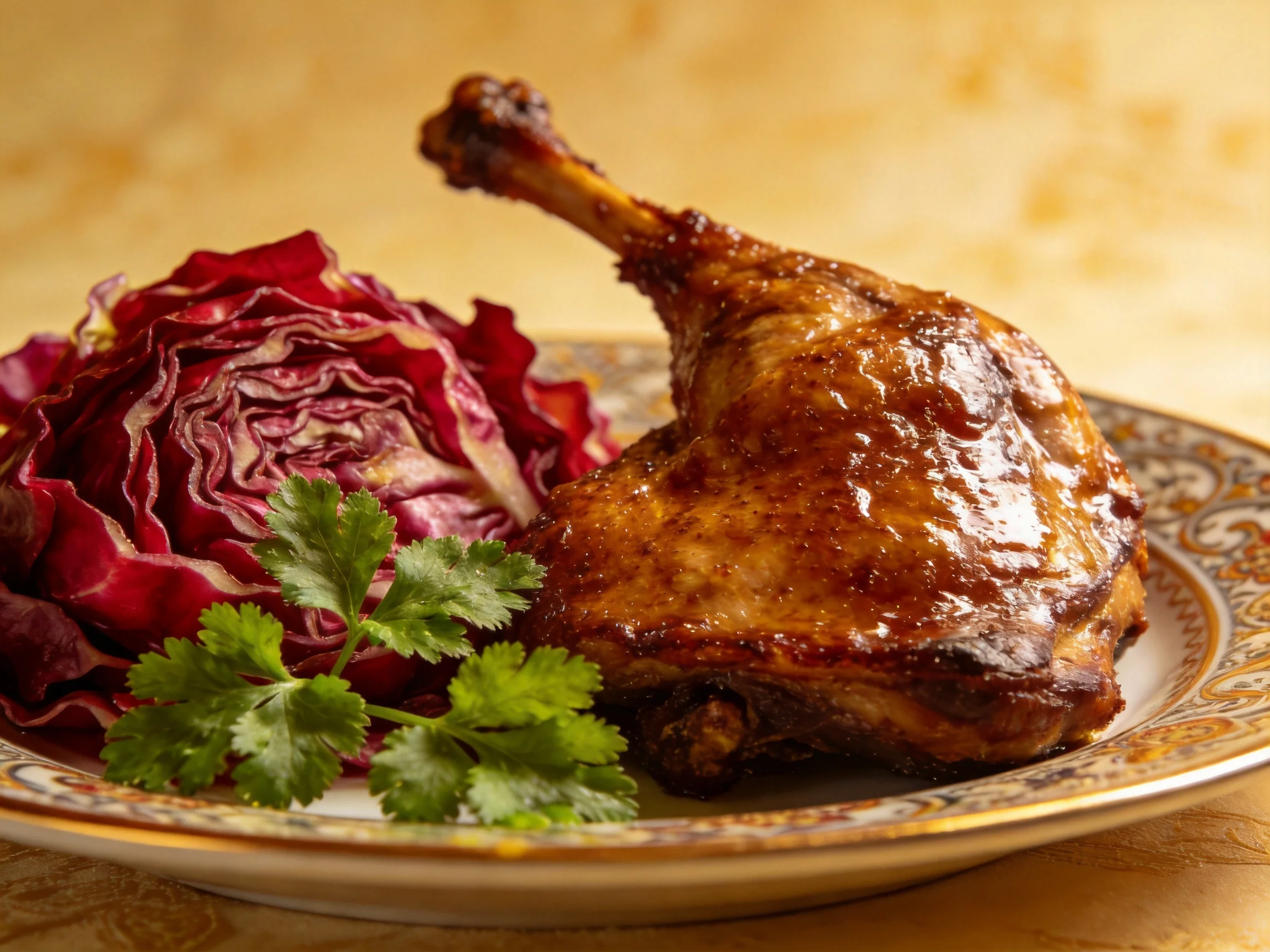 Glazed roasted chicken leg with radicchio and cilantro on ornate plate