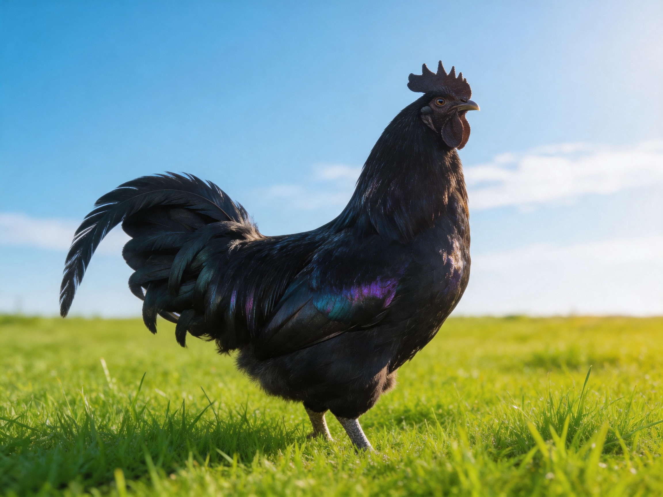 Glossy black rooster stands on lush green grass under bright blue sky