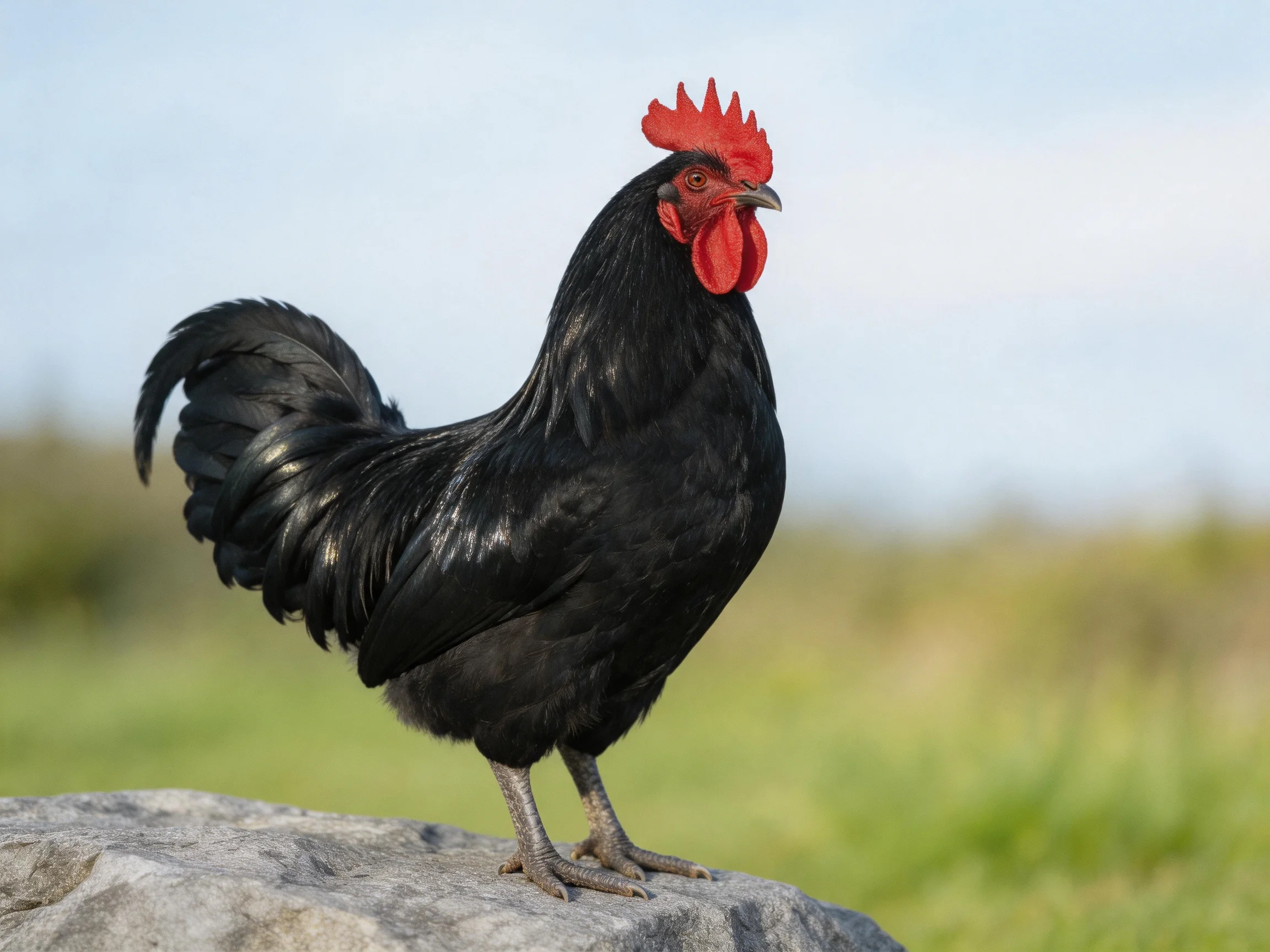 Glossy black rooster with bright red comb stands on gray rock